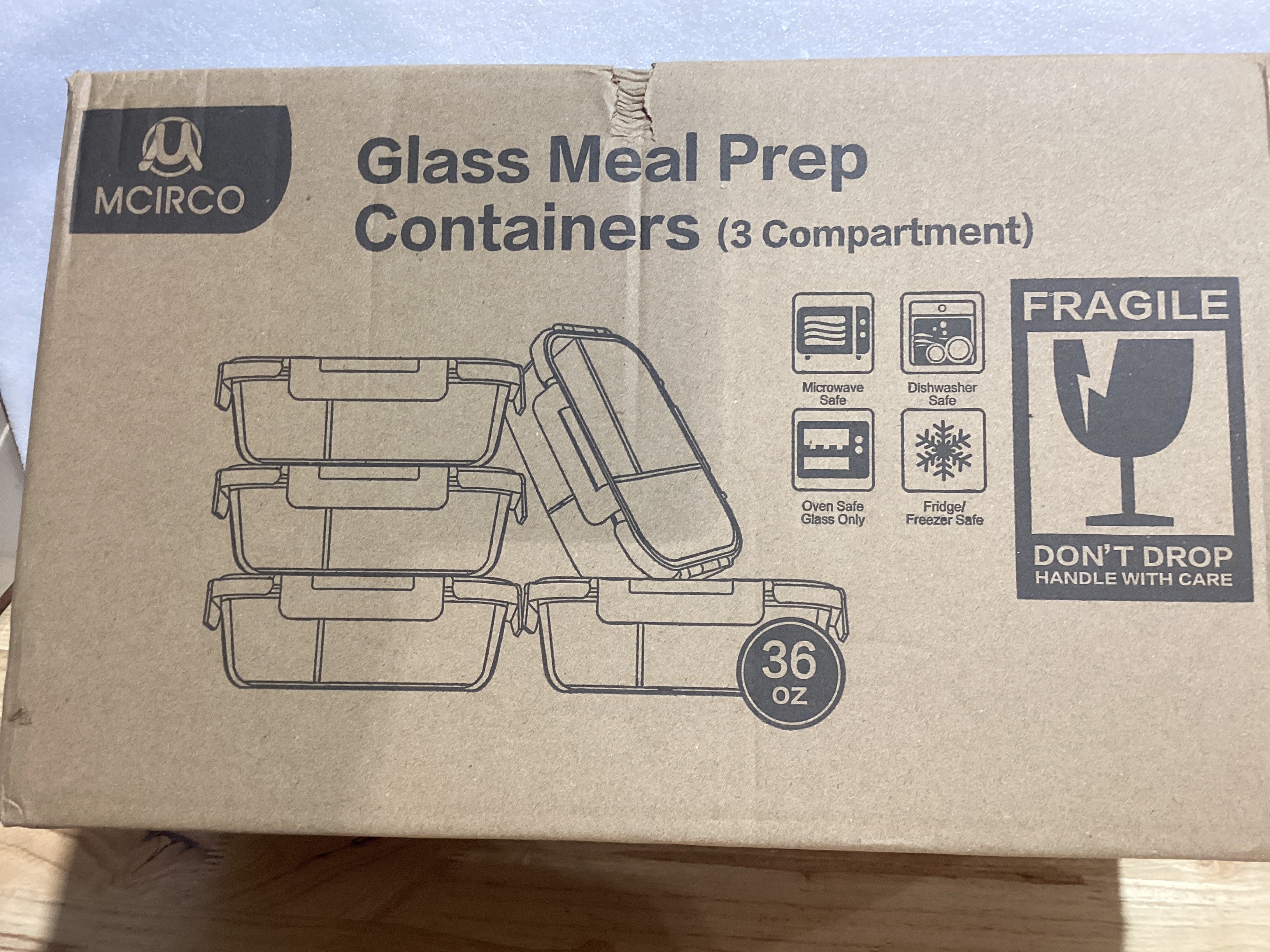 M MCIRCO Set 5 Recipientes de Vidrio para Meal Prep 3 Compartimentos 36 oz – Con Tapa, Apto para Microondas, Horno, Congelador y Lavavajillas