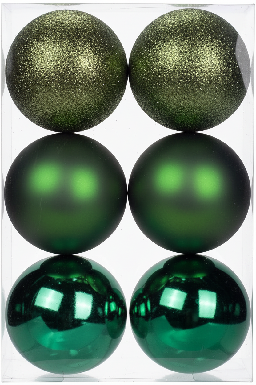 Esferas Navideñas Verdes Irrompibles — Set de 6, 10 cm (3.94"), 3 Acabados: Glitter, Mate y Brillante