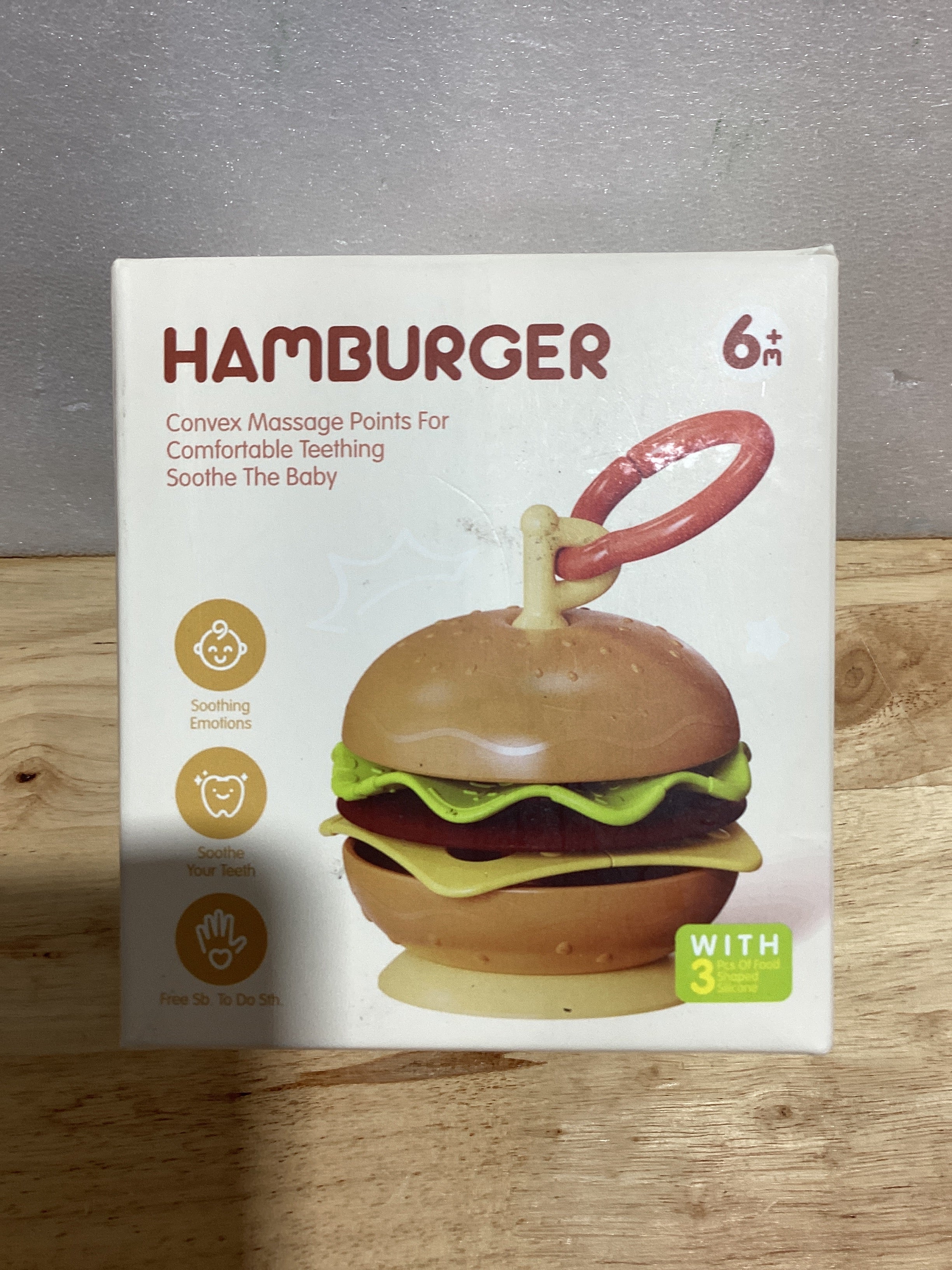 Aprilwolf Hamburger - Soporte de juguetes con ventosa para silla alta, cochecito, juguetes de bebé de 6 a 12 meses y niños pequeños, 3 correas evitan que se caigan, ideal para restaurante y asiento de