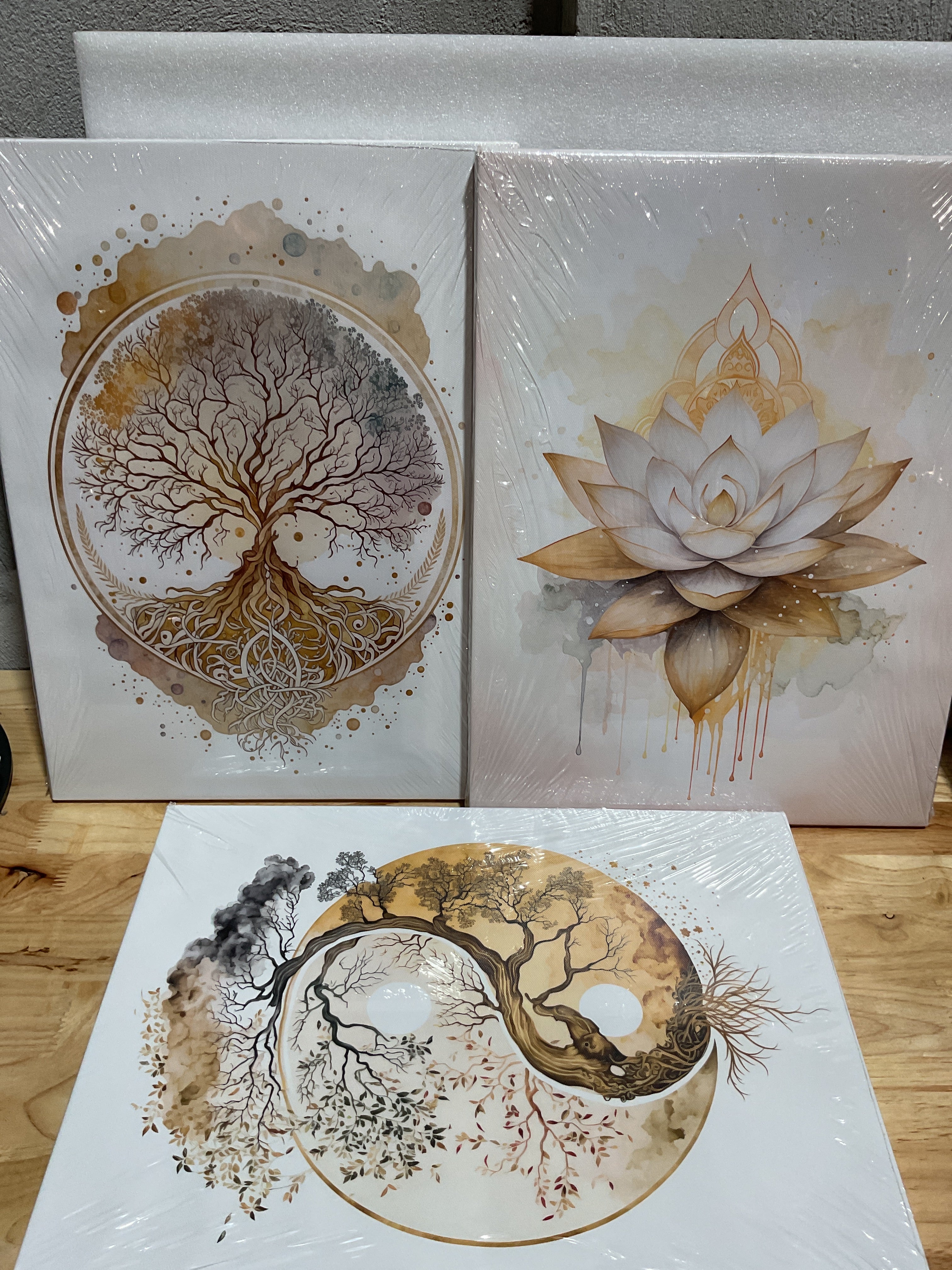 GELDSTEI Cuadro Árbol de la Vida — Arte Zen Yin Yang con Flor de Loto Dorada, Lienzo Enmarcado 12"x16" para Sala, Dormitorio o Sala de Yoga