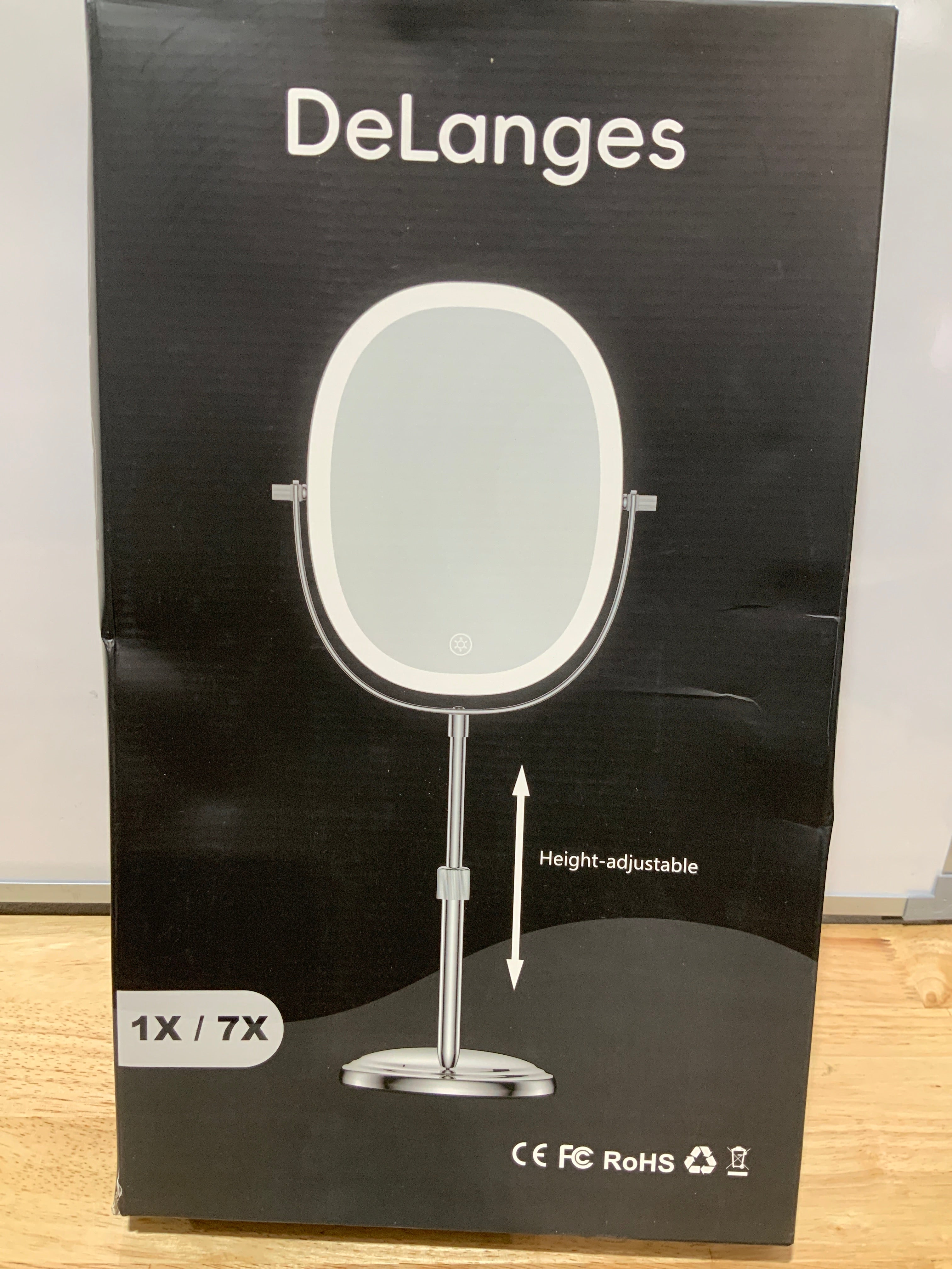 DeLanges 9″ Makeup Mirror with Lights, 7X Magnification, Height Adjustable Vanity Mirror, Rechargeable 3 Color Lighting Mode, 360° Swivel Double Sided Magnifying Mirror, Chrome, Gift for Women