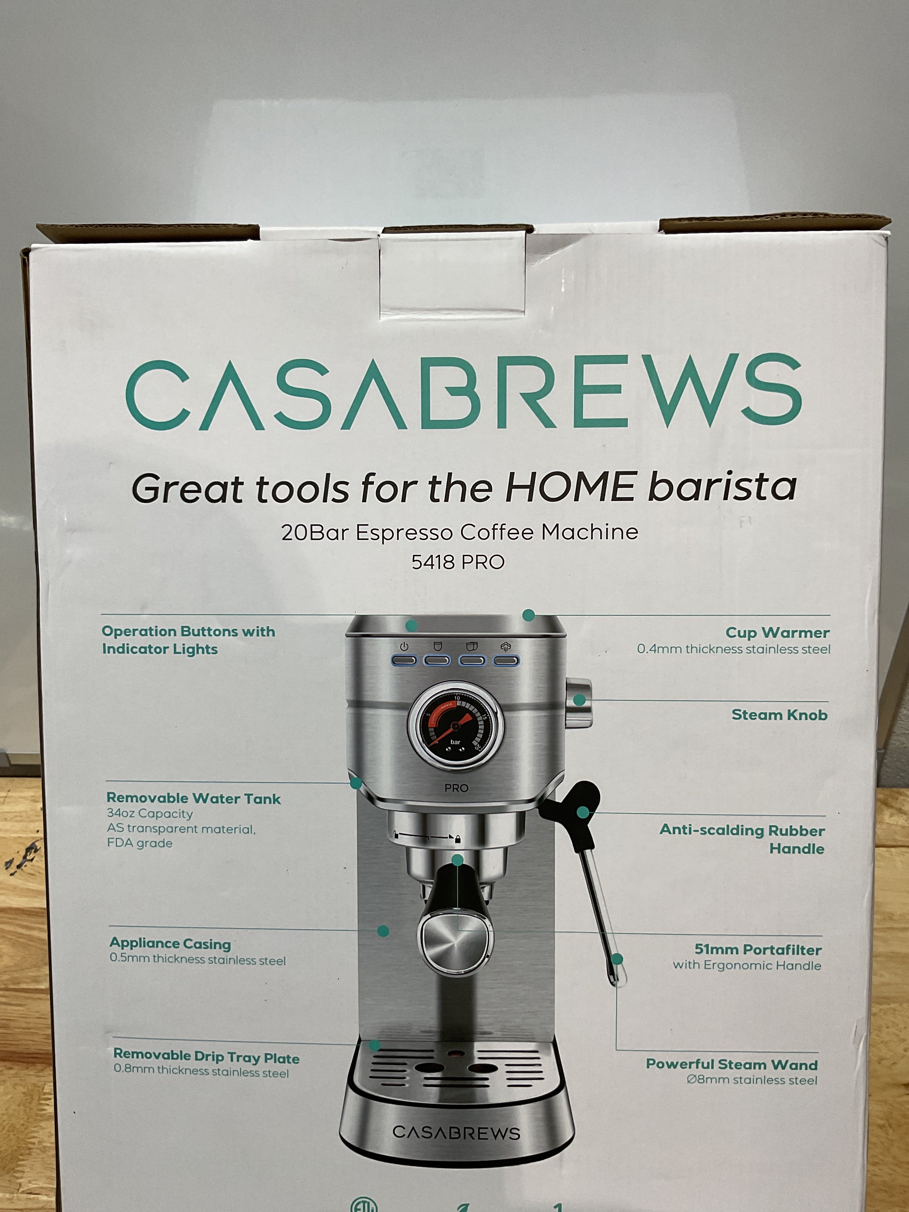 Máquina de Espresso CASABREWS 5418 PRO 20 Bar — Vaporizador de Leche, Acero Inoxidable, Plateada