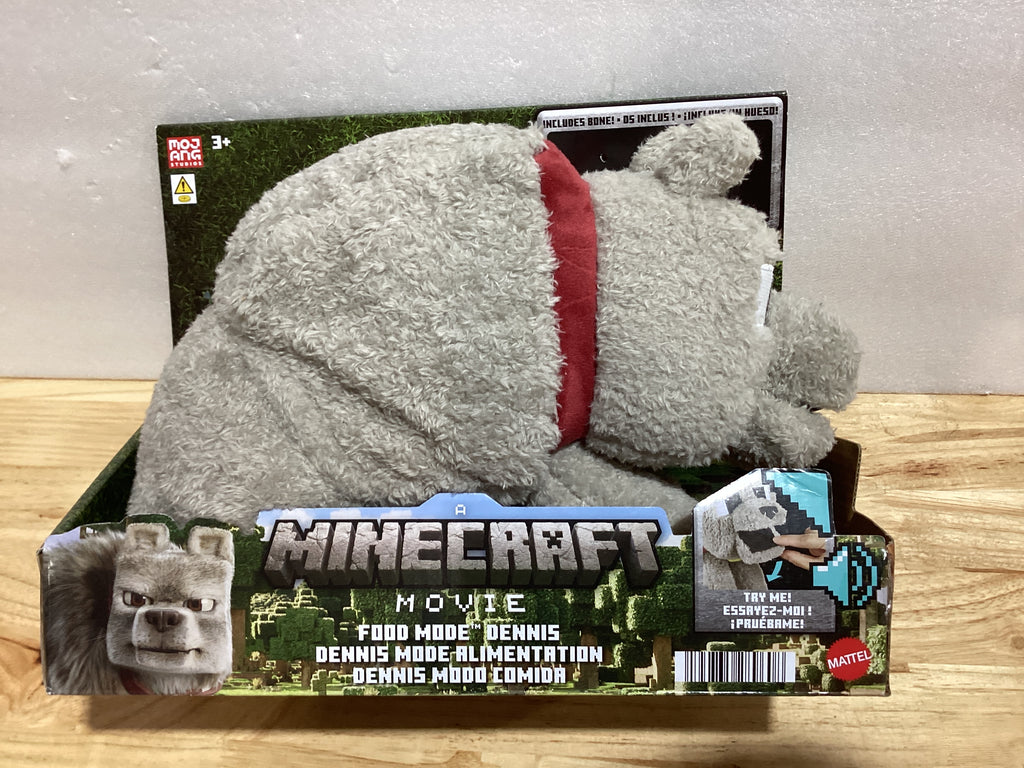 ⚠️ NO INCLUYE EL HUESO - Mattel Minecraft Dennis el lobo de peluche con acción de alimentación y sonido, animal de peluche modo comida inspirado en una película de Minecraft