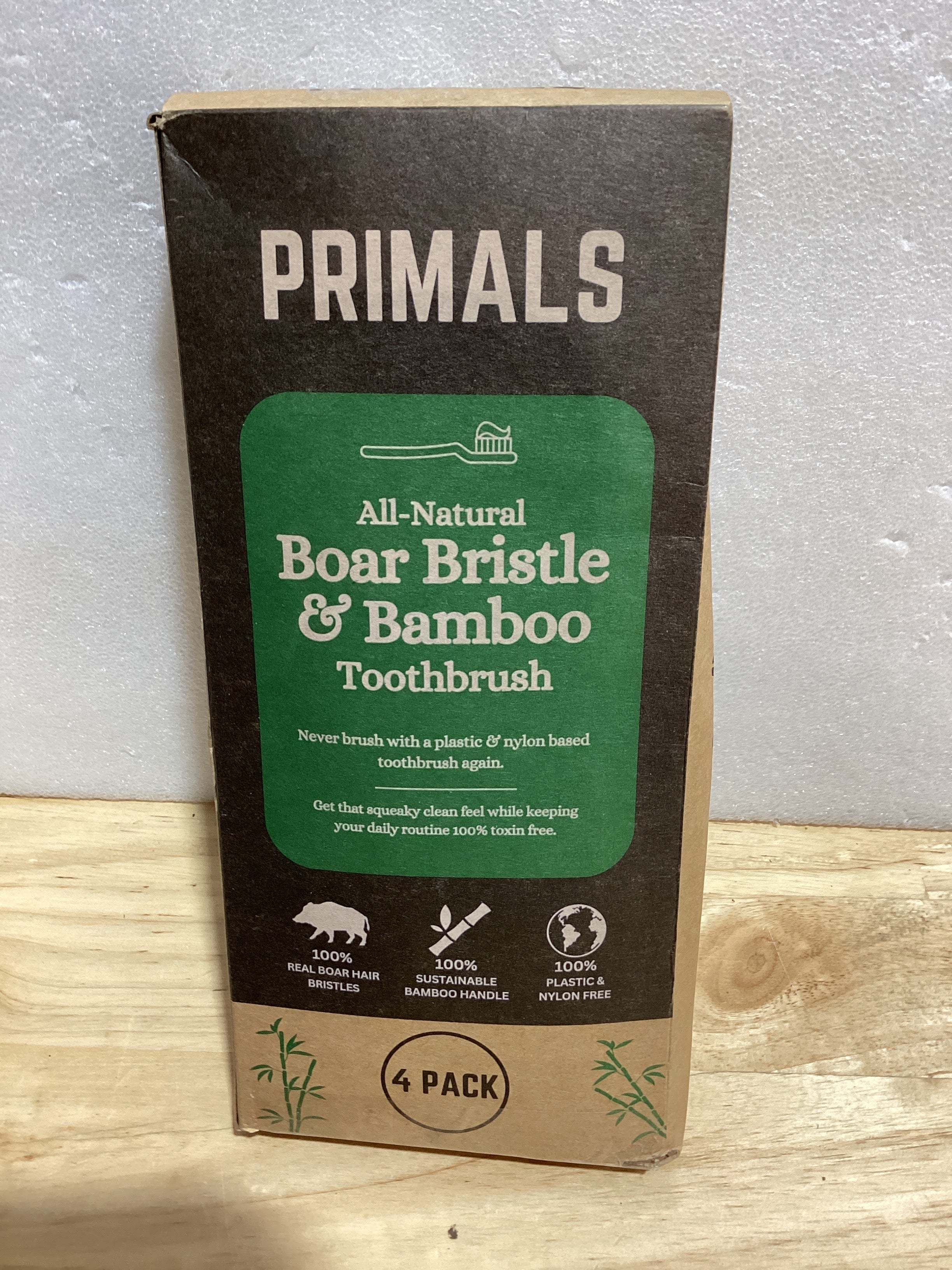 PRIMALS Cepillo de dientes de cerdas de jabalí y bambú (paquete de 4) - Cerdas de jabalí premium - Totalmente biodegradable - Sin plástico y nailon - Diseño de secado rápido