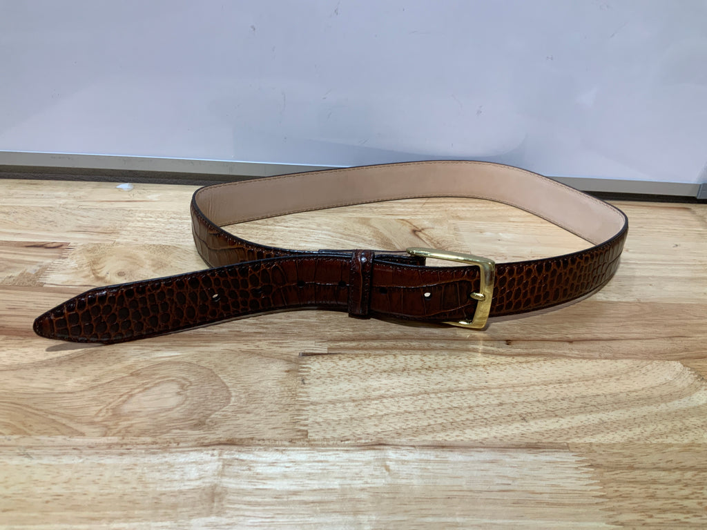 Joseph Gold Buckle Men's Designer Leather Dress Belt 1-3/8" Wide (Alligator Brown, 34)