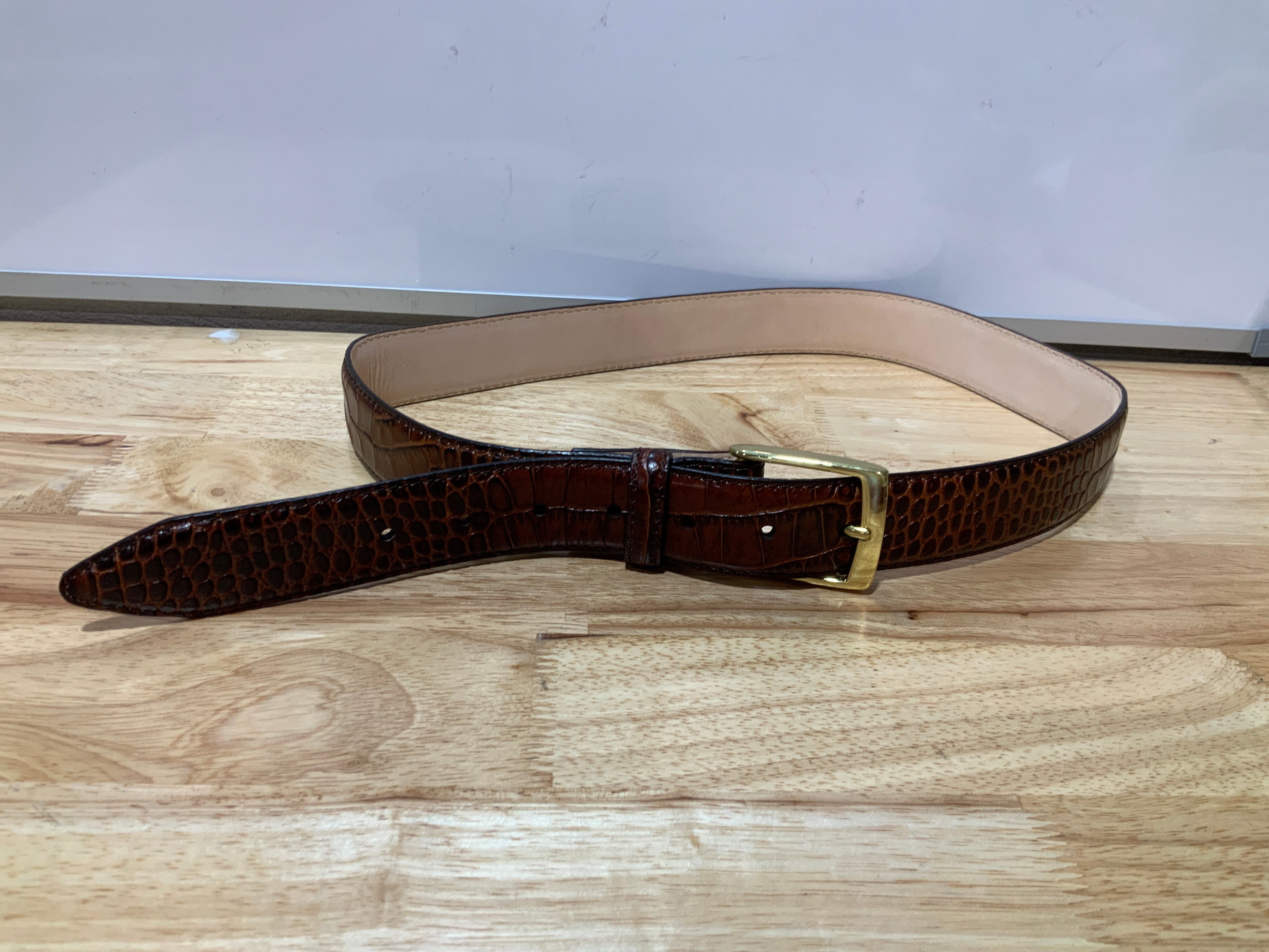 Joseph Gold Buckle Men's Designer Leather Dress Belt 1-3/8" Wide (Alligator Brown, 34)