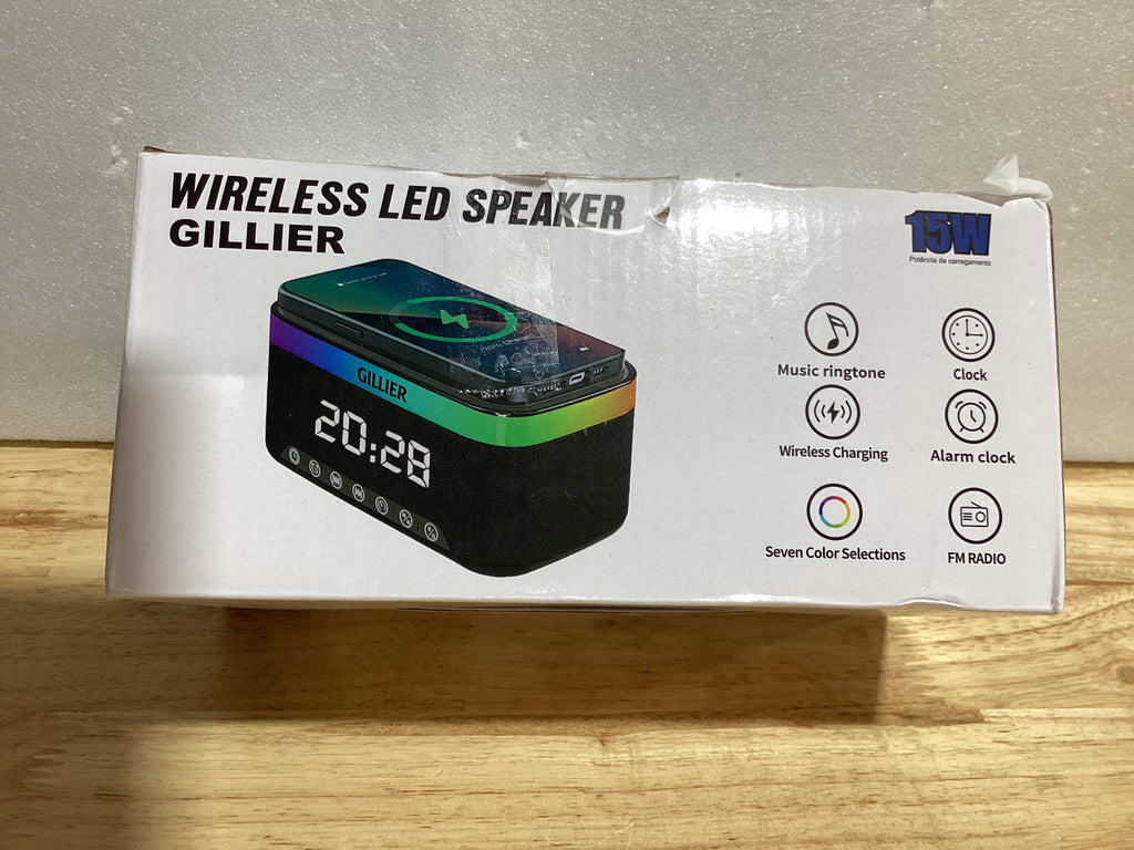 Reloj Despertador GILLIER con Carga Inalámbrica 15W, Radio FM y Bocina Bluetooth – Para Dormitorio, Color Negro