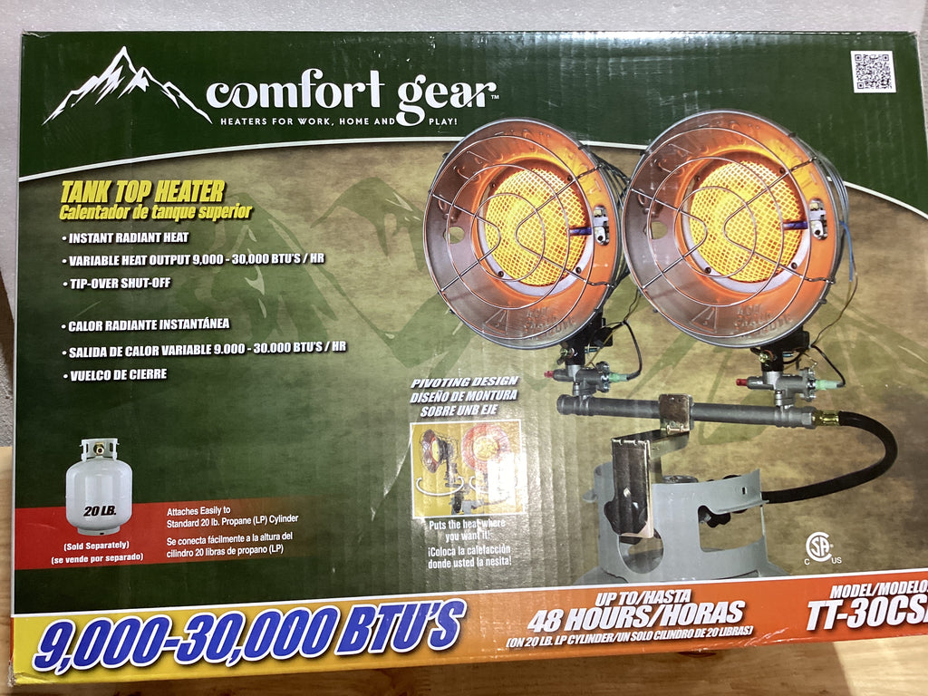 Comfort Gear - Calentador radiante portátil de propano de doble tanque superior, 30,000 BTU, calor infrarrojo instantáneo, para lugar de trabajo/garaje/espacio de trabajo, hasta 48 horas