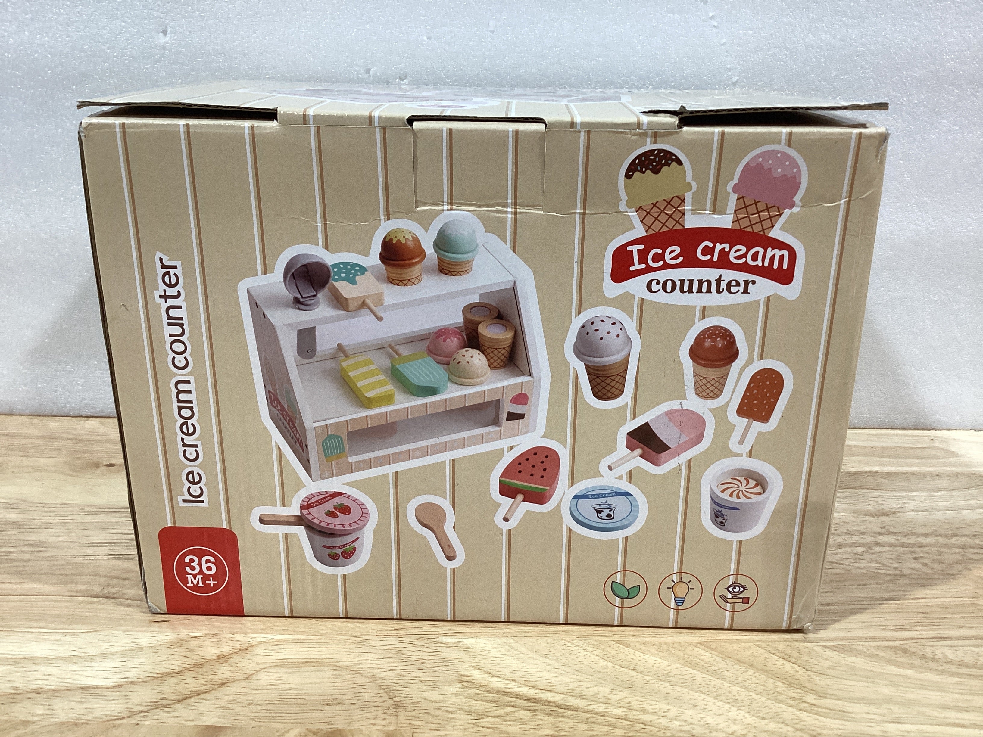 ZJEFUNS Juguete de Heladería de Madera para Niños — Tienda de Helados de Juguete con Paleta, Menú y Dinero de Juguete (Beige)