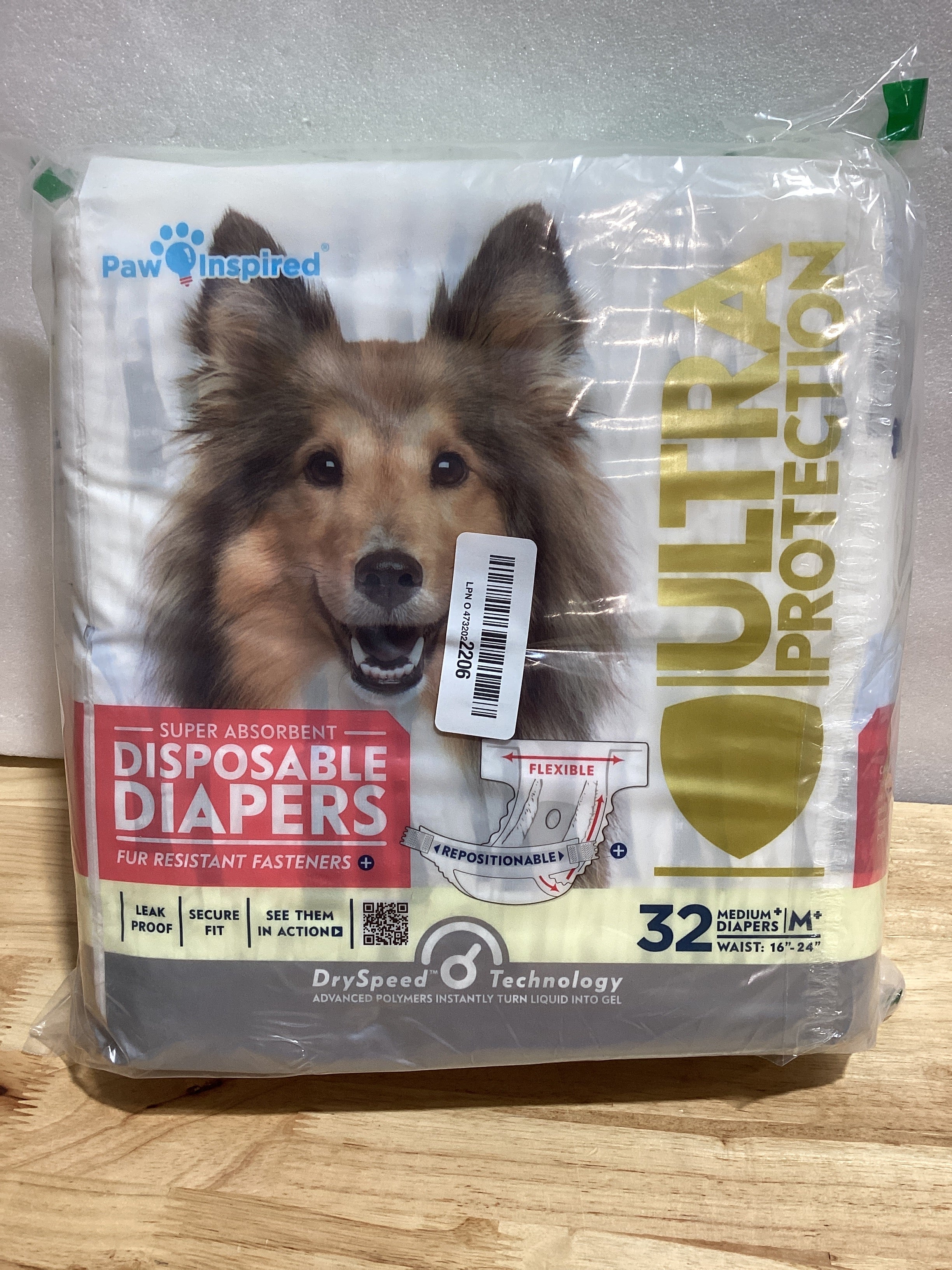 Pañales Desechables para Perras Paw Inspired 32 Unidades — Ultra Protección, Talla Medium Plus, Celo e Incontinencia