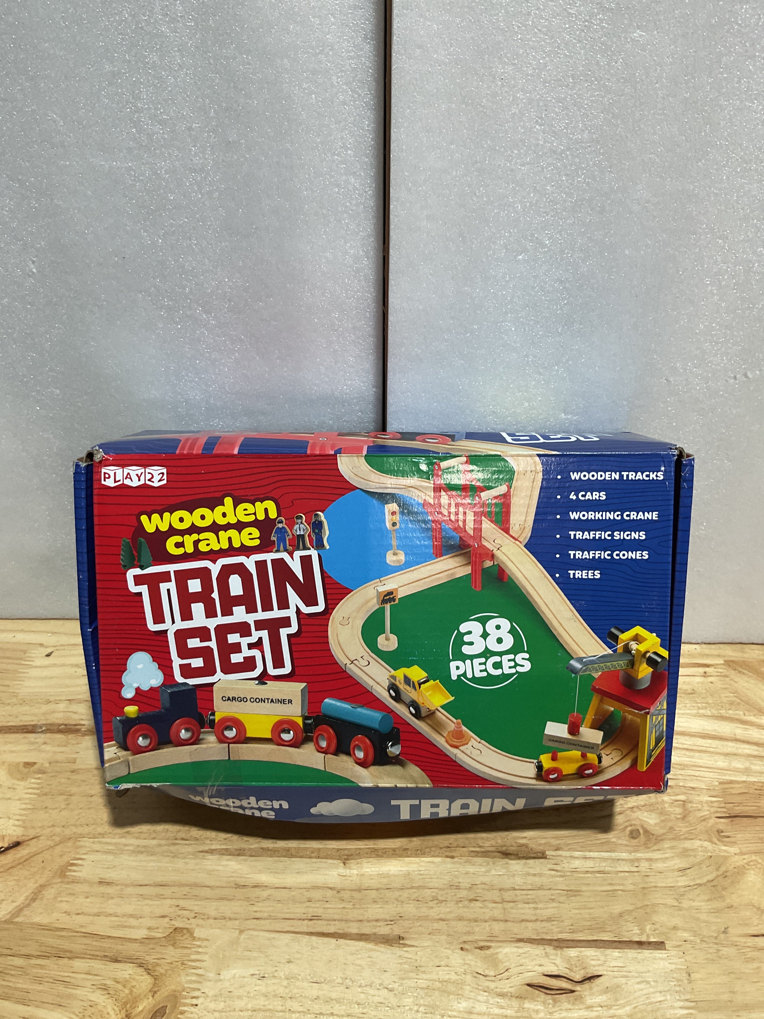 Set de Tren de Madera 38 Piezas para Niños de 3 a 4 Años con Grúa, Puente y Accesorios | Play22