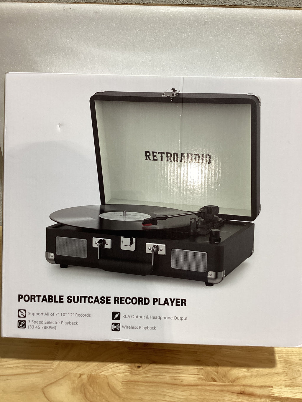 Tocadiscos Vintage Portátil con Bluetooth — 3 Velocidades, 2 Parlantes Estéreo, Salida RCA y AUX | Negro