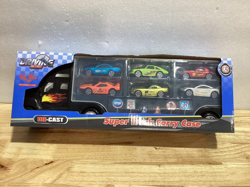 Camión transportador de coches de juguete Big Mo's Toys - Con 6 elegantes coches de carreras de metal - Con estuche de transporte, para niños, surtido