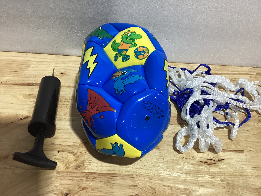 ⚠️ IMÁGENES SON REFERENCIAS, VER BIEN LAS FOTOS — INPODAK Balón de Fútbol Tamaño 2 para Niños, Dinosaurio Azul con Bomba y Bolsa de Malla