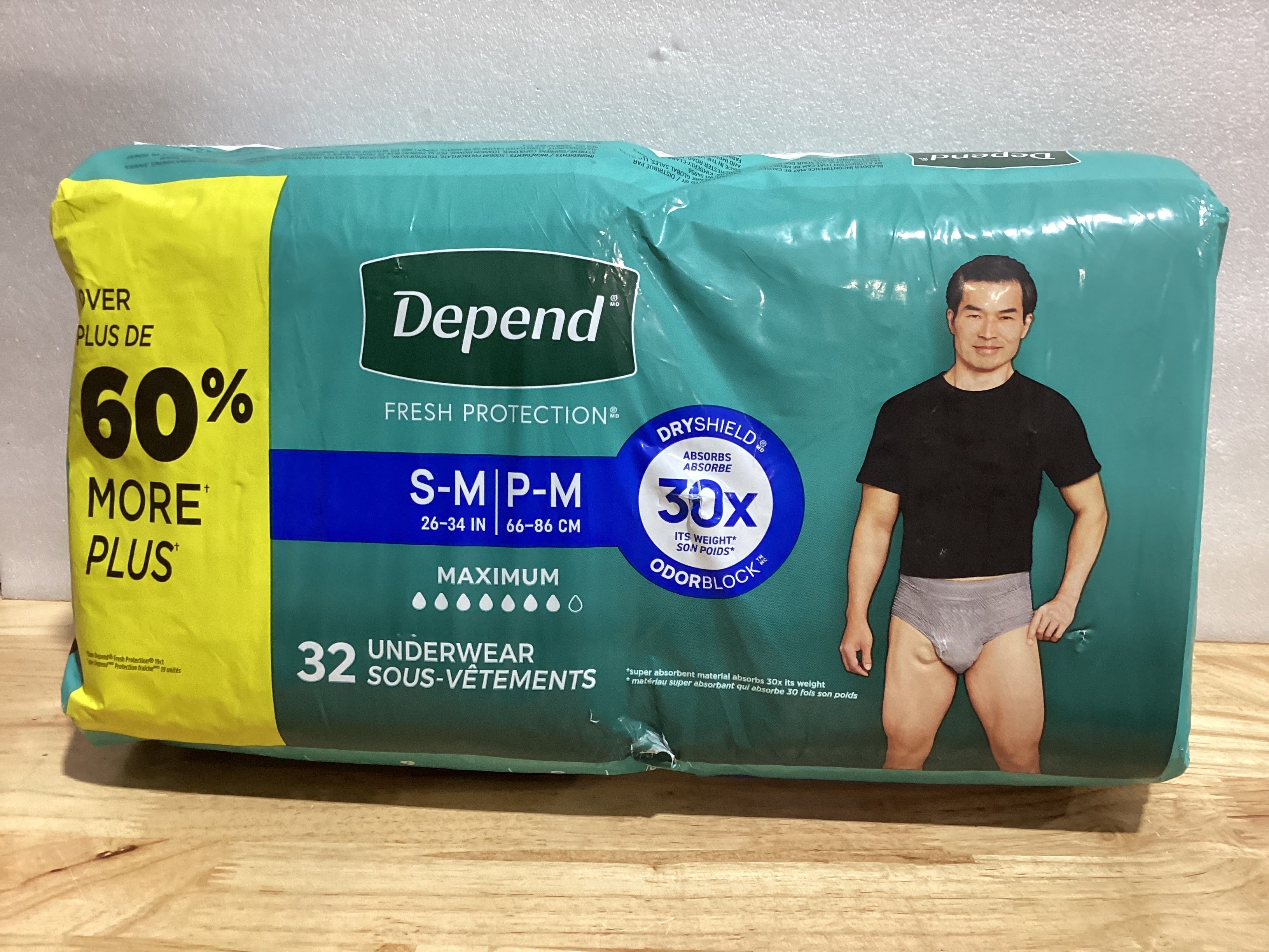 Depend FIT-FLEX - Ropa interior de incontinencia para hombre, máxima absorción, desechable, S/M, gris, 32 unidades