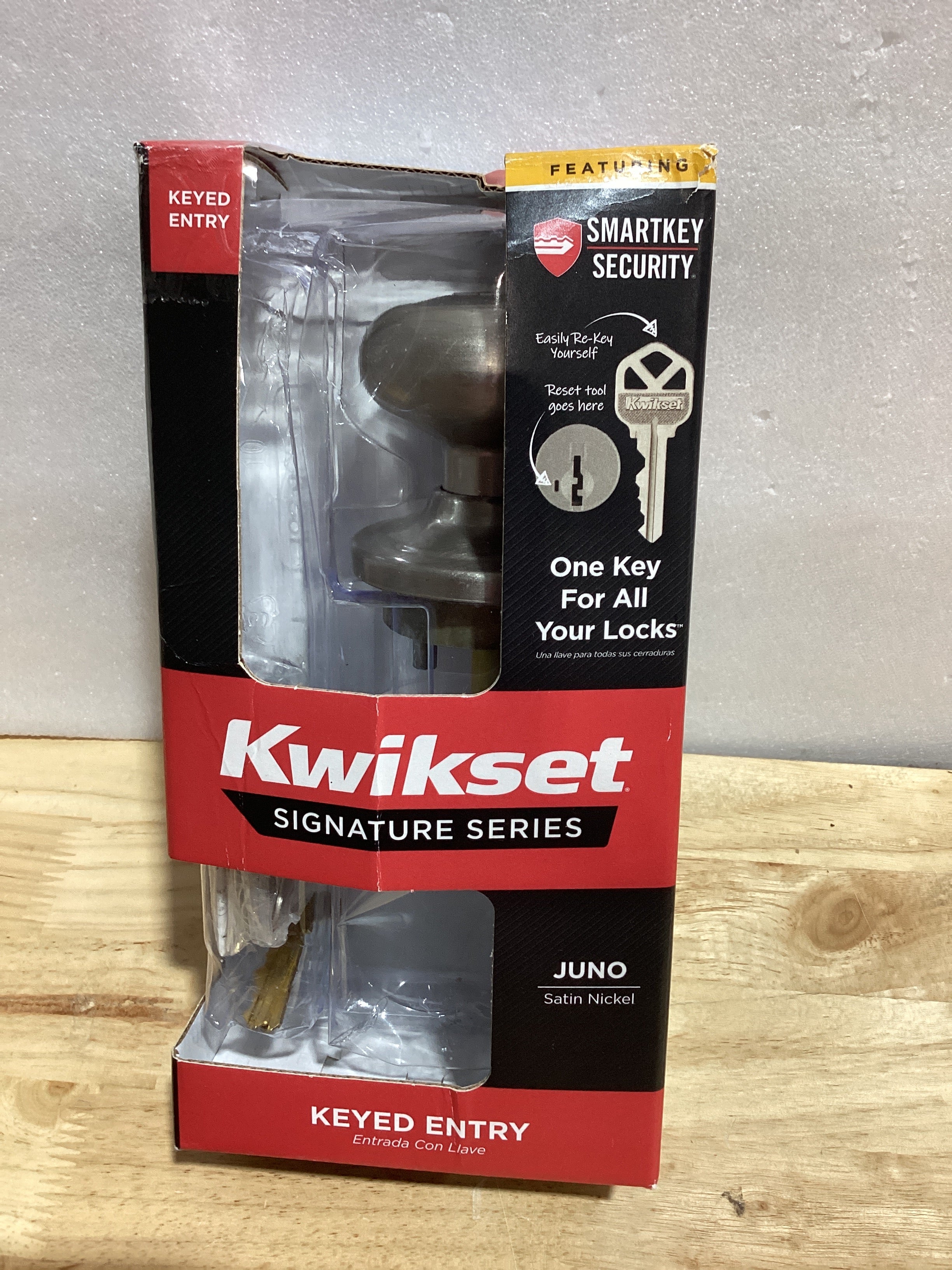 Pomo de Puerta con Llave Kwikset Juno — Entrada con Llave, Niquelado Satinado, SmartKey, Pack de 2