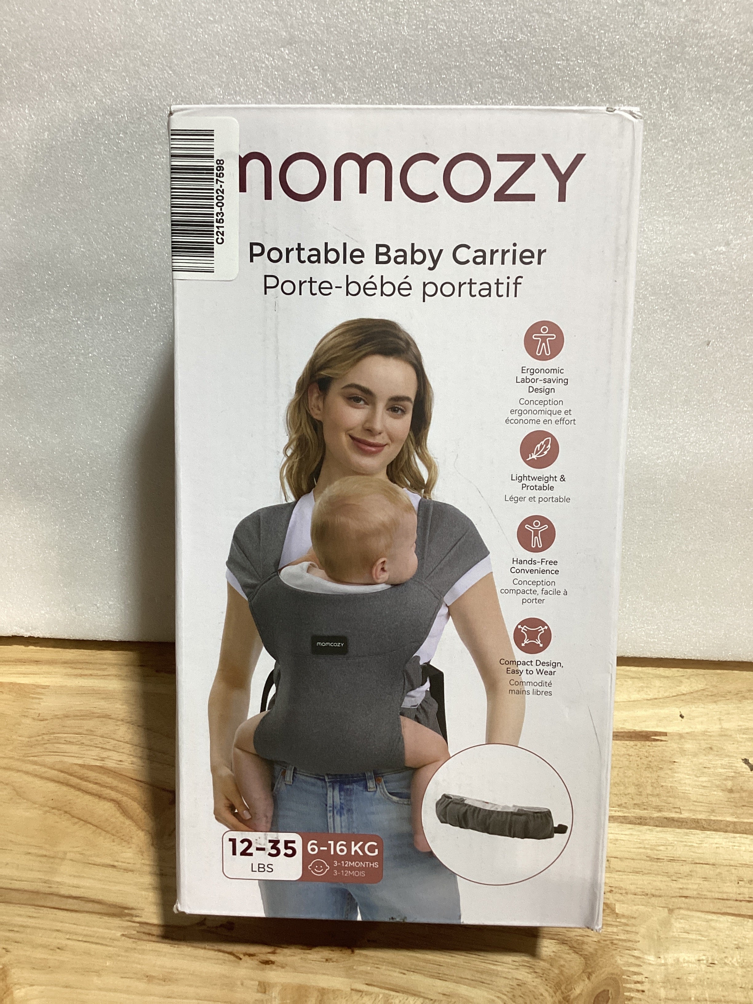 Momcozy Cargador Portátil para Bebé – Compacto y Ligero, Ajustable, Correas Anchas, Tela Suave, Para Bebés 12-35 lbs, Color Gris