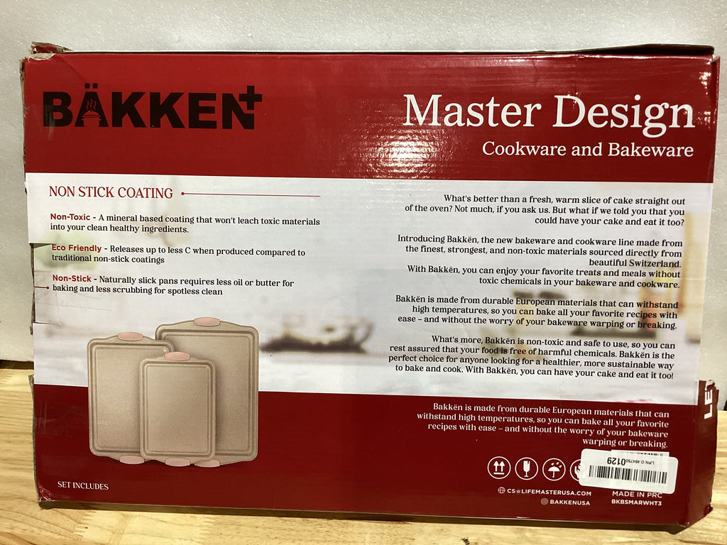 BAKKEN - Juego de 3 bandejas de galletas antiadherentes para hornear, de acero al carbono, apilables, con asas de silicona, hojas de galletas no tóxicas para hornear, color mármol blanco