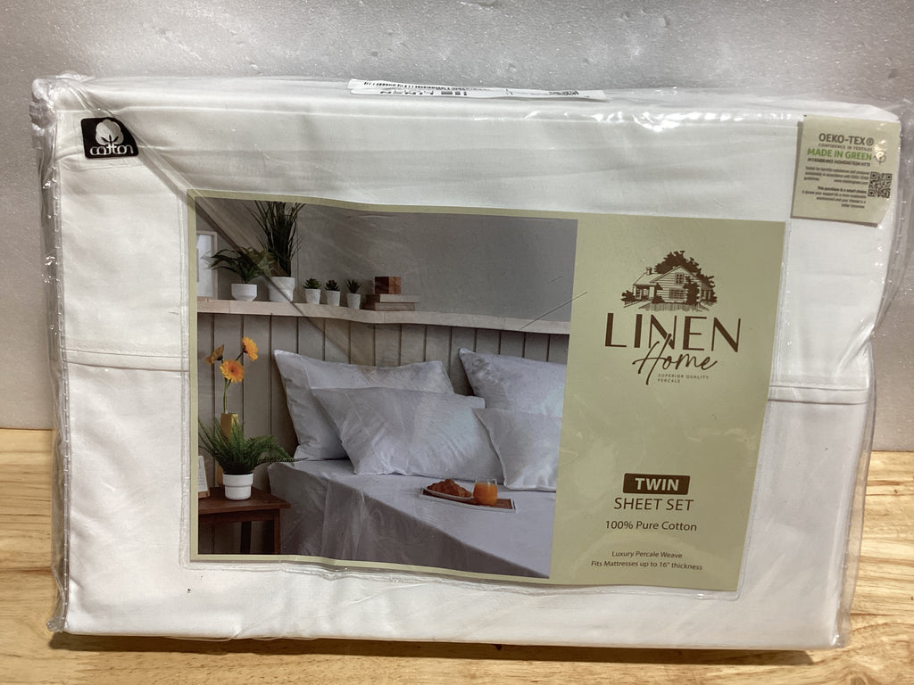 Linen Home Sábanas de Percal de Algodón 100% | Juego 3 Piezas Twin XL Blanco Bolsillo Profundo