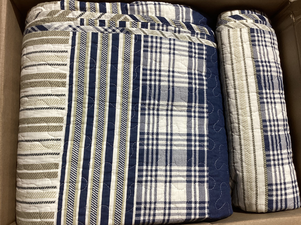 Set de Edredón King Homzard – 100% Algodón, Reversible, 3 Piezas | Diseño Farmhouse a Cuadros Azul, Blanco y Beige