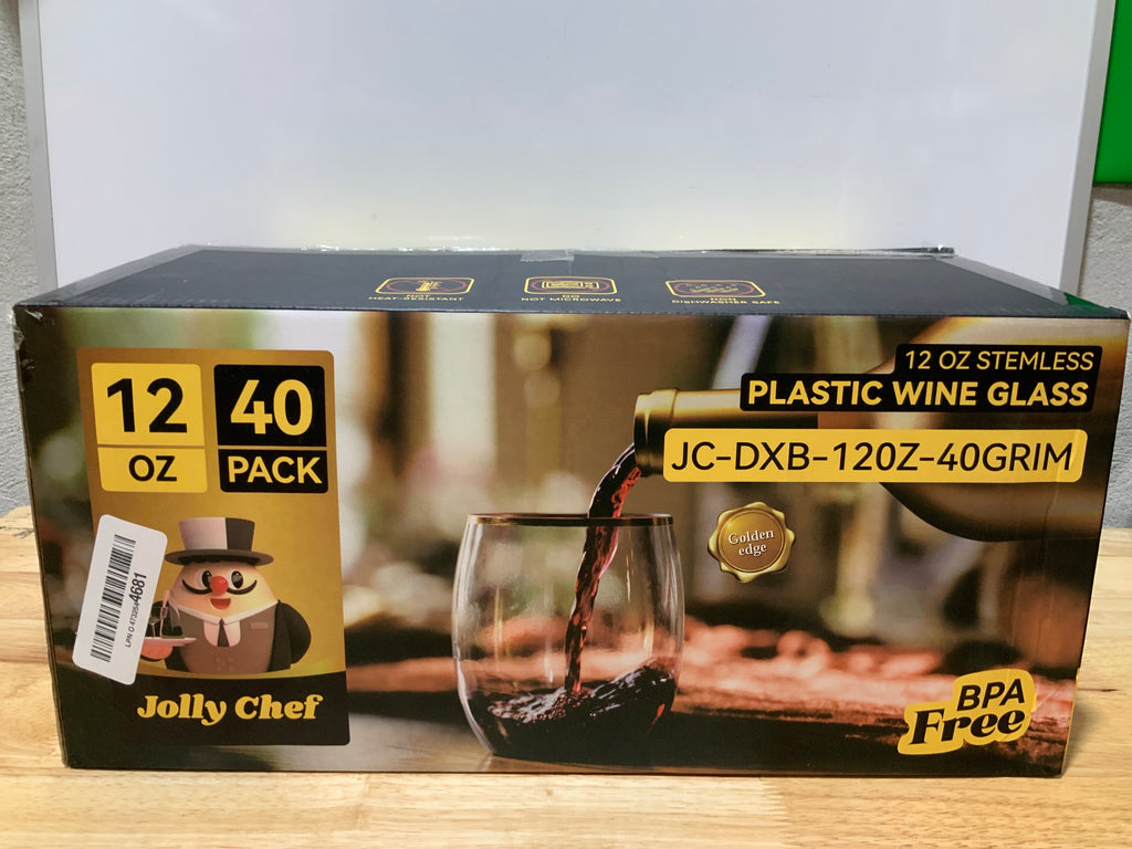 JOLLY CHEF 12 oz 40 Pack Gold Plastic Wine Glasses Stemless, Shatterproof, Unbreakable, Crystal, Disposable Plastic Wine Cups for Party, Halloween, Christmas, Thanksgiving