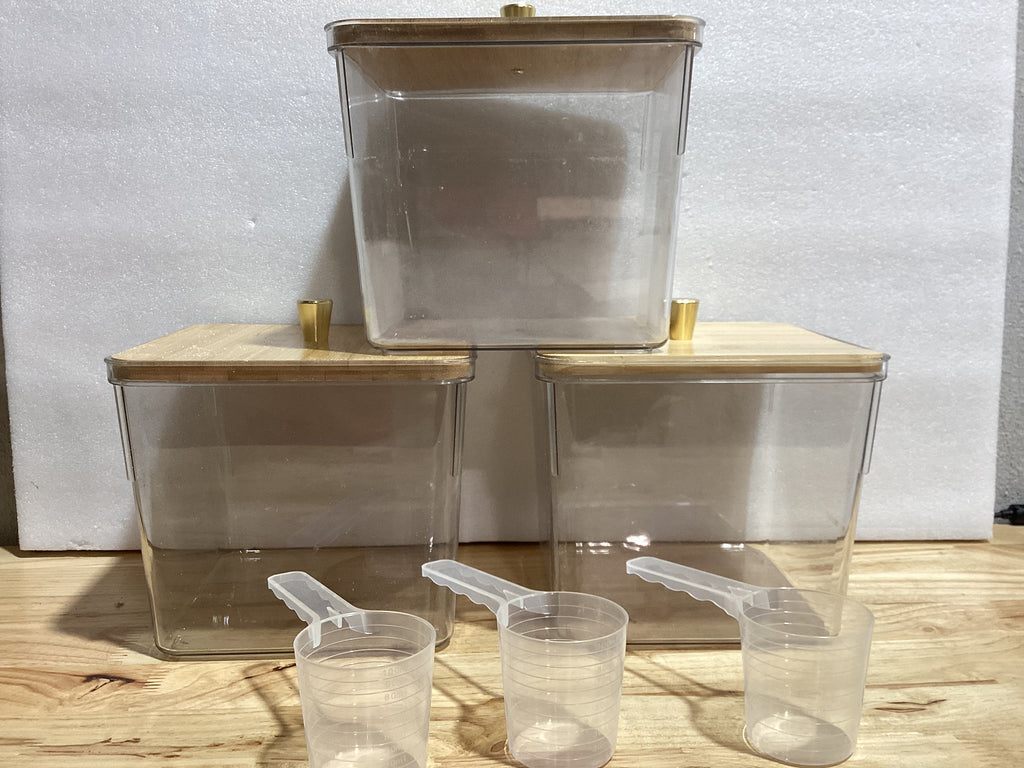 Frascos Organizadores de Lavandería Acrílico x4 — Transparentes con Tapa de Madera y Cuchara | ⚠️ Son 3 Recipientes