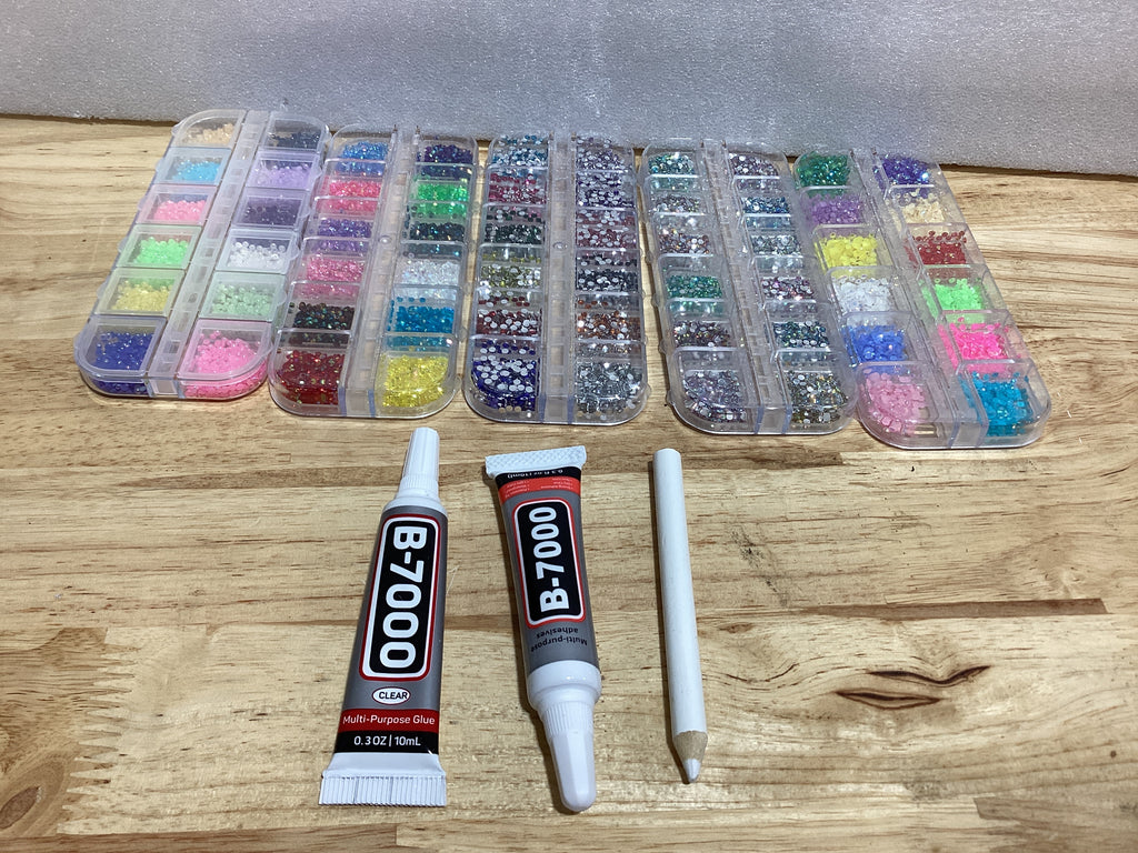 Piedras planas con brillo y pegamento B7000 transparente, kit de 4000 piezas en 12 colores de piedras de brillo AB para manualidades, ropa, tela, zapatos, uñas, joyería facial