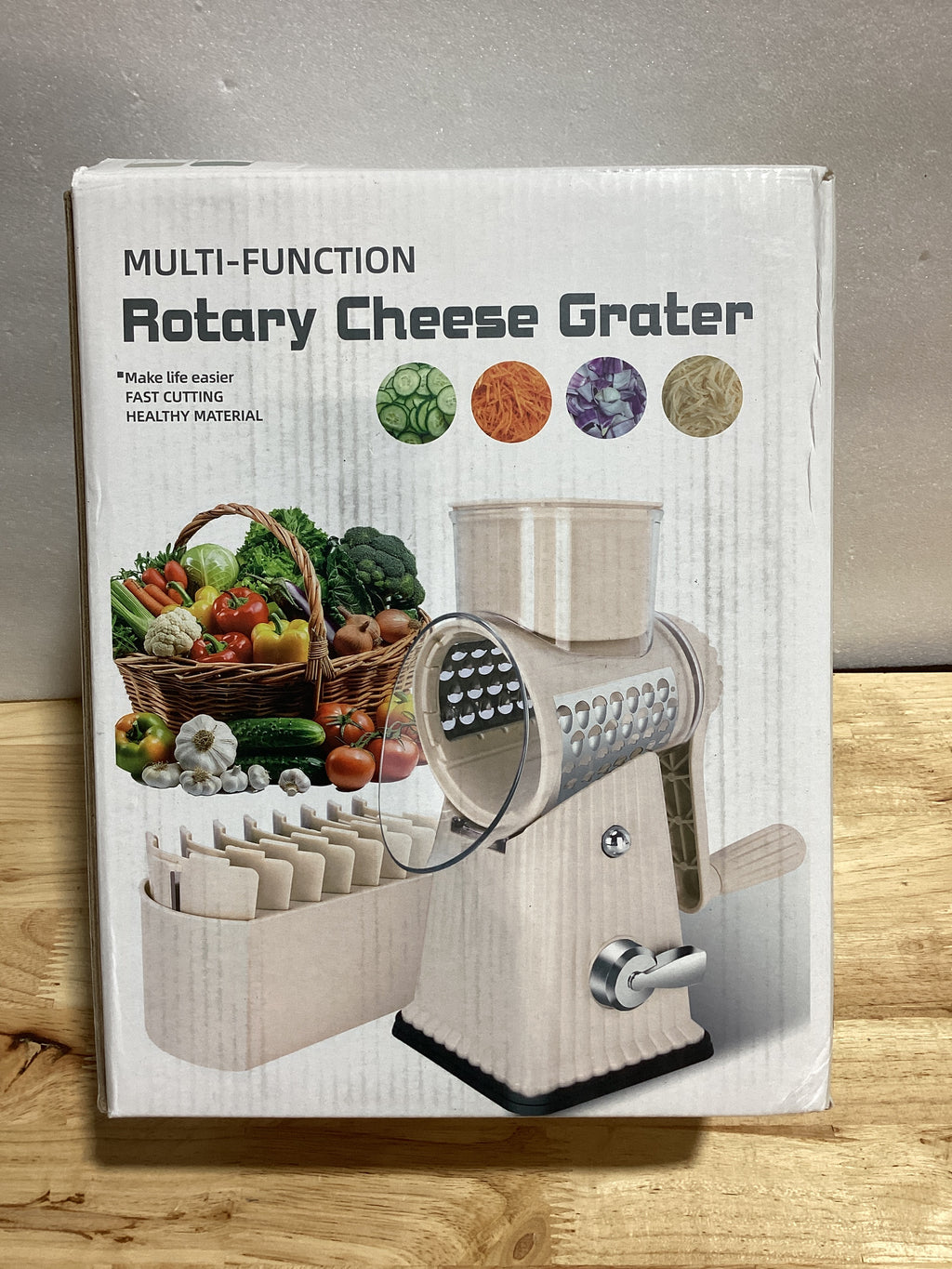 YHBRAK Rallador de Queso Rotatorio con 5 Cuchillas | Base de Succión Fuerte | Mandolina Cortadora de Vegetales con Caja Guardacuchillas | Blanco Hueso