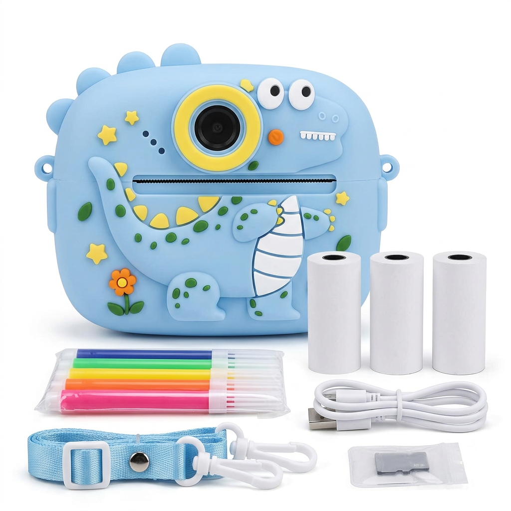 Cámara infantil de impresión instantánea con diseño de dinosaurio azul y kit de accesorios