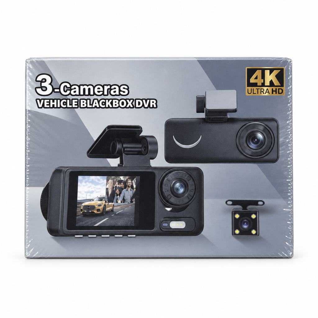 Camara de Tablero 3 Canales | Frontal Trasera e Interior | Grabacion Simultanea para Auto
