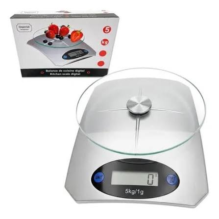 Báscula digital de cocina (Digital Kitchen Scale) o gramera, con una plataforma plana de acero inoxidable y una pantalla LCD