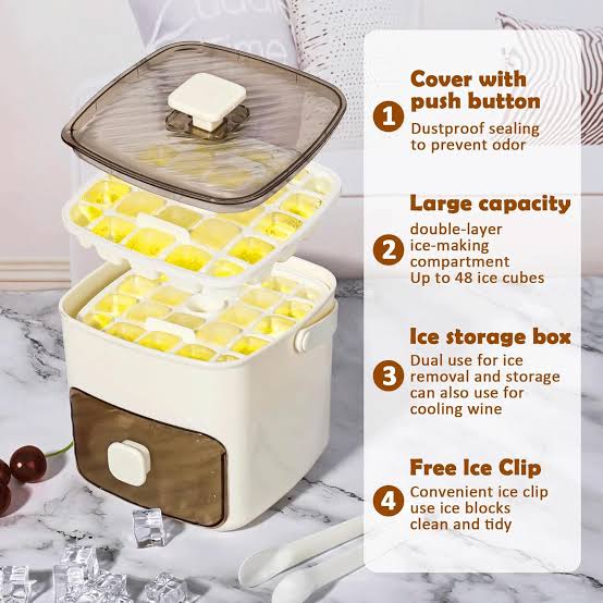 Máquina para hacer 48 cubitos de hielo con tapa de fácil presión, bandeja y recipiente de doble capa | Incluye bolsa de transporte isotérmica y pinzas para hielo, ideal para preparar whisky, cócteles, café y otras bebidas. Cómoda y fácil de usar.