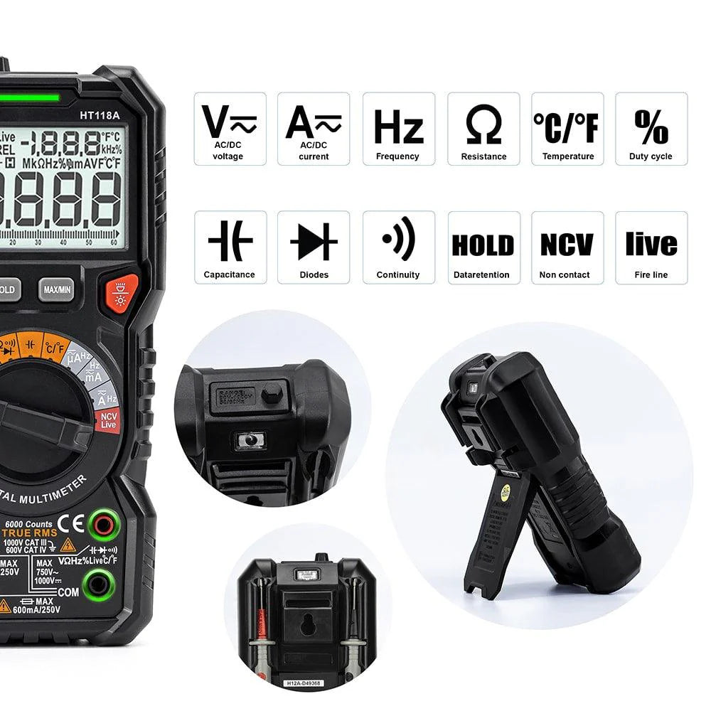 Multímetro Digital T-RMS KAIWEETS HT118A – Medidor Profesional de Voltaje, Corriente y Resistencia