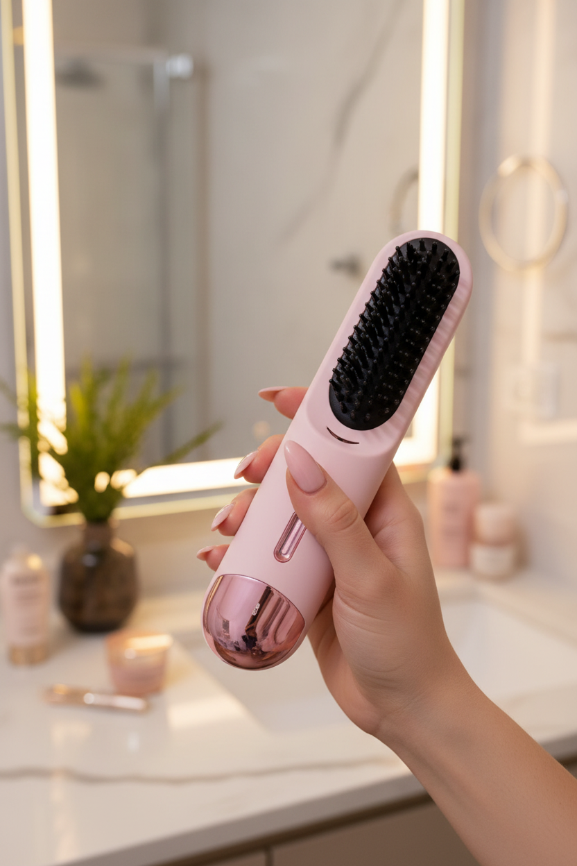 Cepillo alisador de pelo inalámbrico, mini cepillo alisador portátil para viajes, alisador de peine caliente iónico negativo, cepillo alisador recargable para mujeres, ligero sobre la marcha, rosa