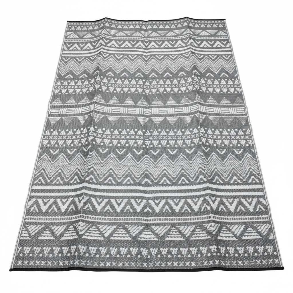 Tapete Exterior 5x7 Pies – Alfombra para Acampar RV, Diseño Azteca Gris y Blanco, Resistente a la Intemperie