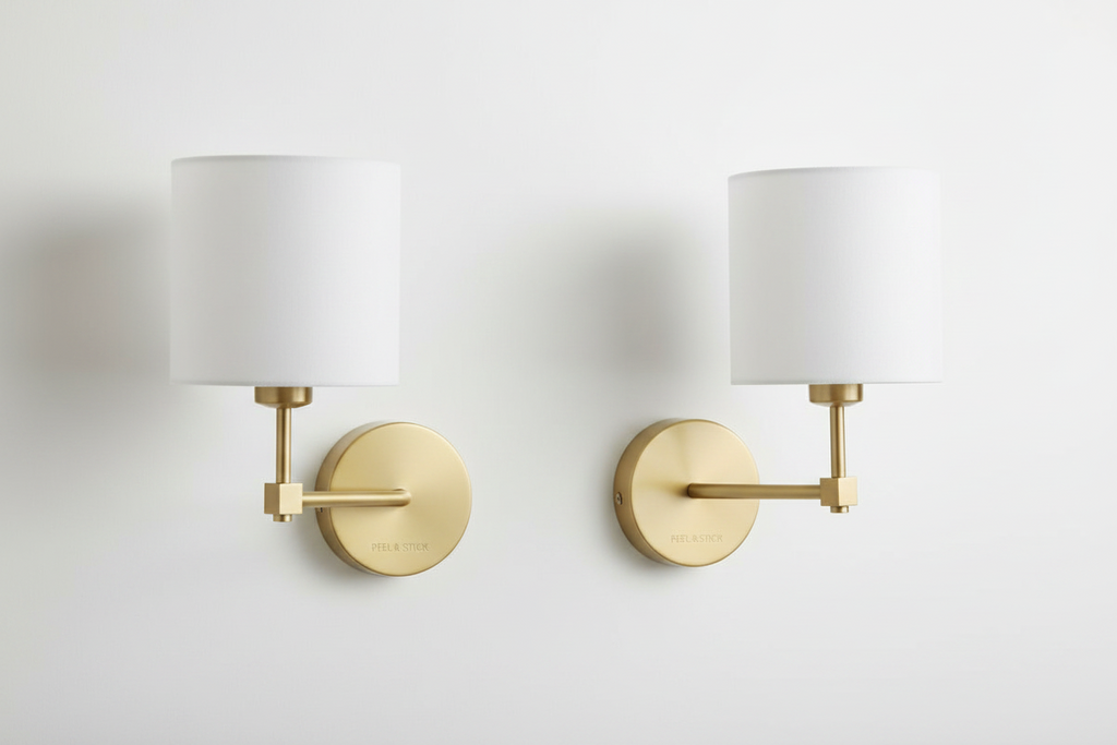 Aplique de Pared Peel & Stick con Batería – Set de 2, Acabado Dorado, Sin Cableado, Pantalla Cilíndrica Blanca