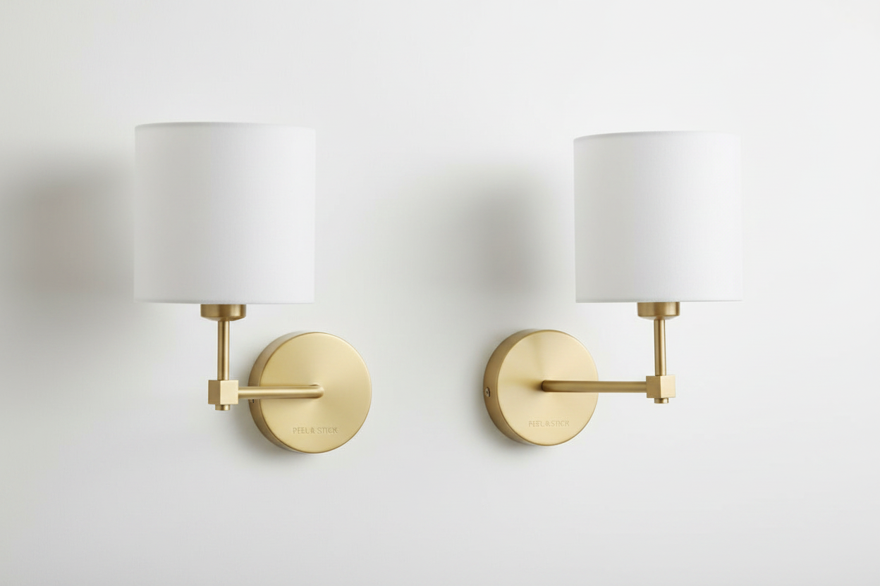 Aplique de Pared Peel & Stick con Batería – Set de 2, Acabado Dorado, Sin Cableado, Pantalla Cilíndrica Blanca