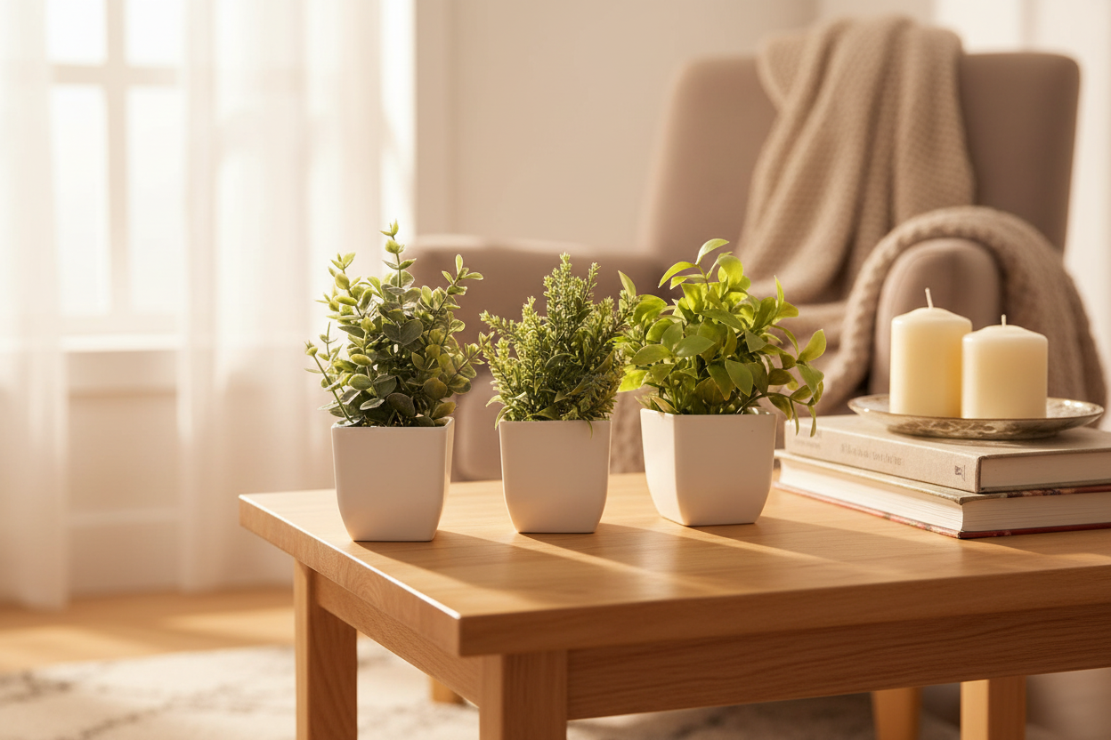 Set de 4 Plantas Artificiales Decorativas para Hogar – Macetas Blancas