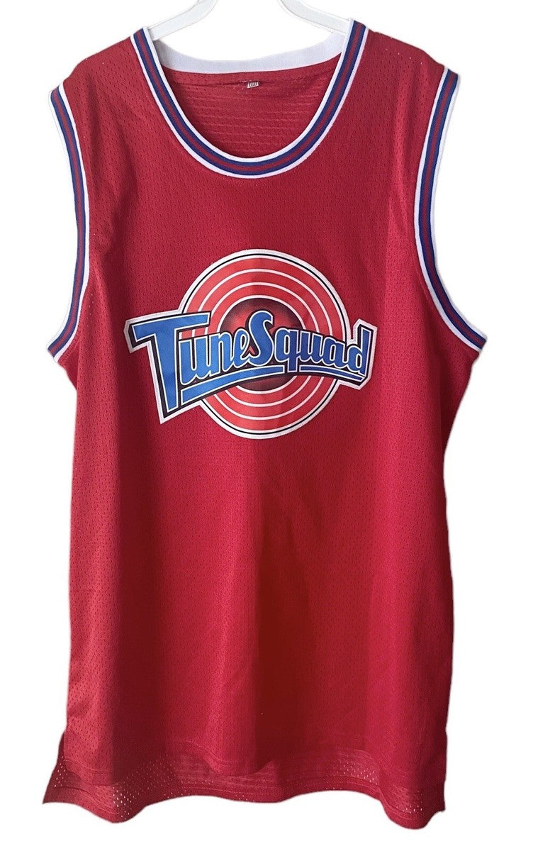 Camiseta usada Tune Squad roja talla L, estilo jersey de baloncesto sin mangas con logo frontal y bordes contrastantes