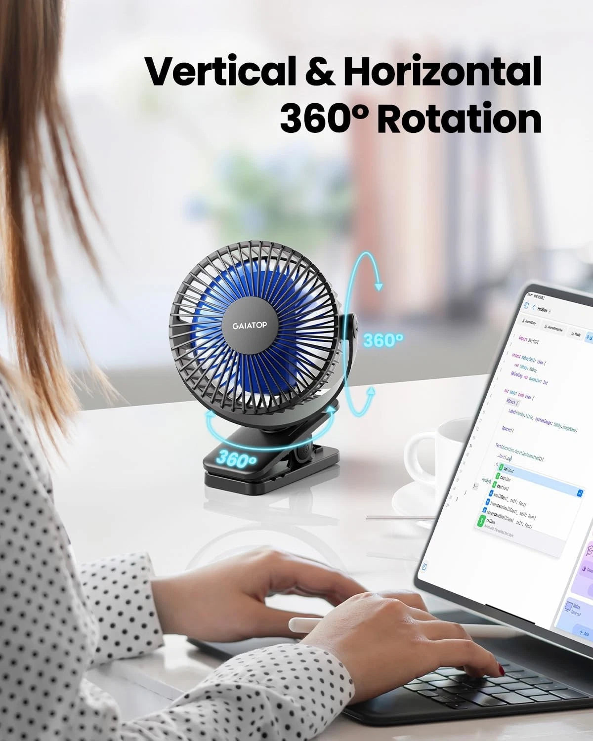 Ventilador portátil con clip Gaiatop 3 velocidades USB recargable negro azul