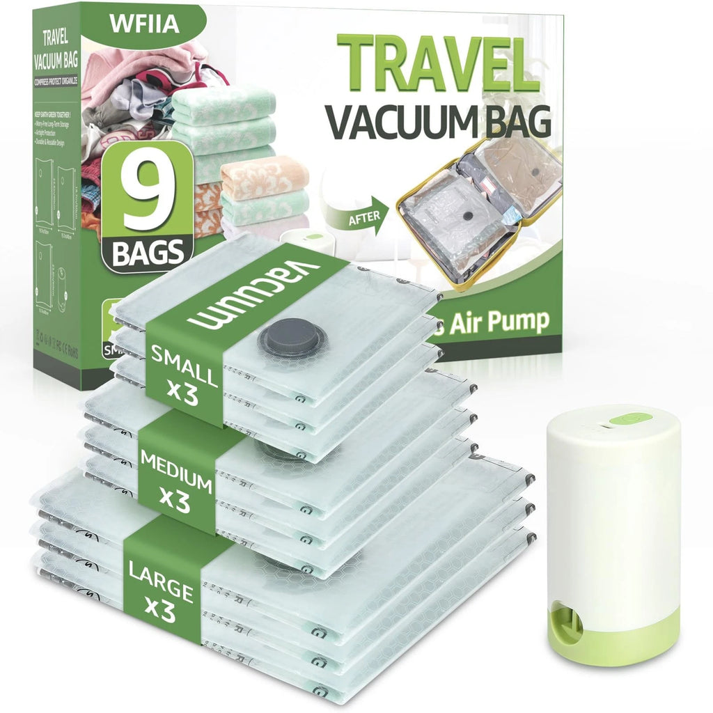 9 Paquetes Bolsas de Vacío para Viaje con Bomba de Aire Recargable