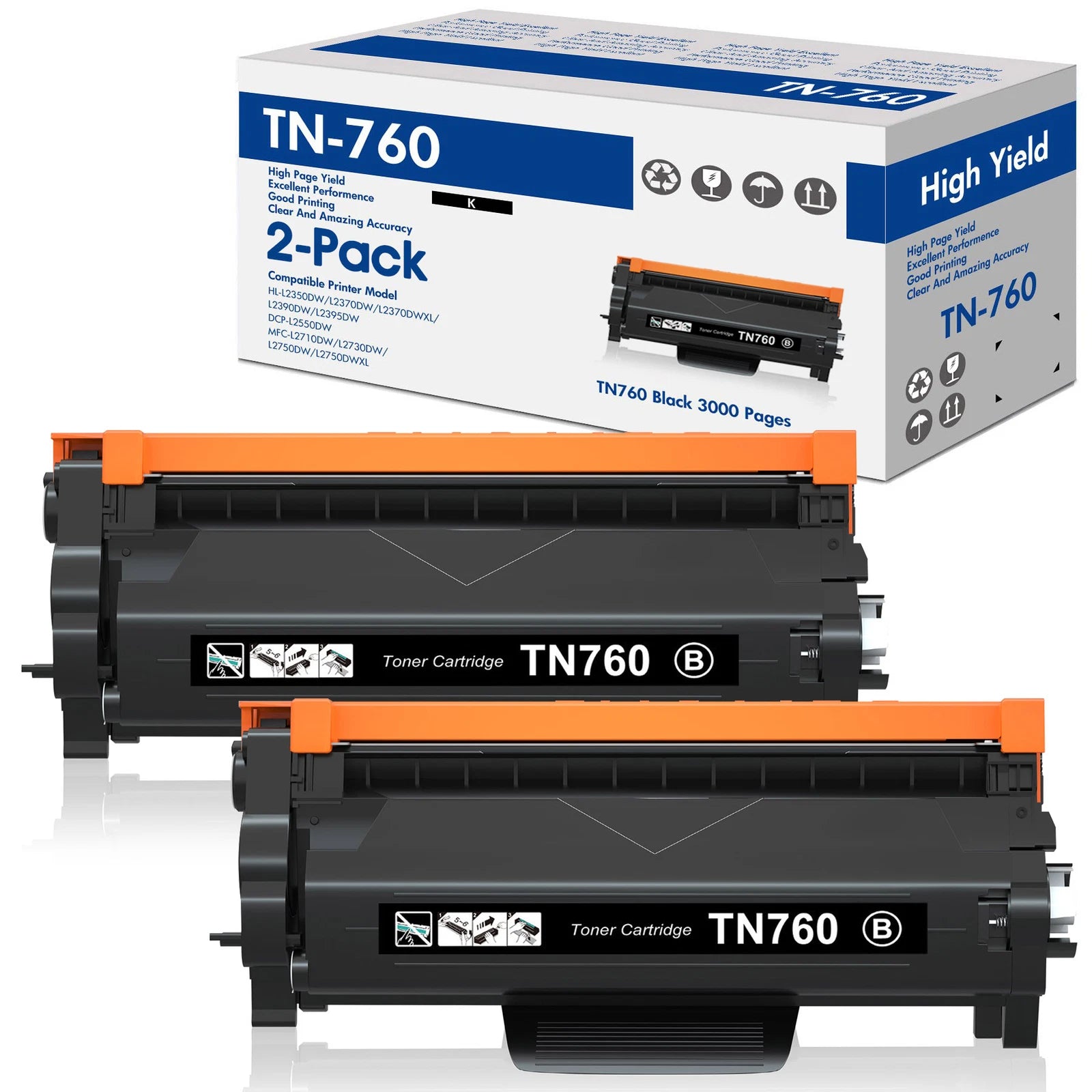 Cartucho de Tóner Negro TN-760 Compatible Brother – Paquete de 2 | MFC-L2710DW, MFC-L2750DW, HL-L2370DW y más