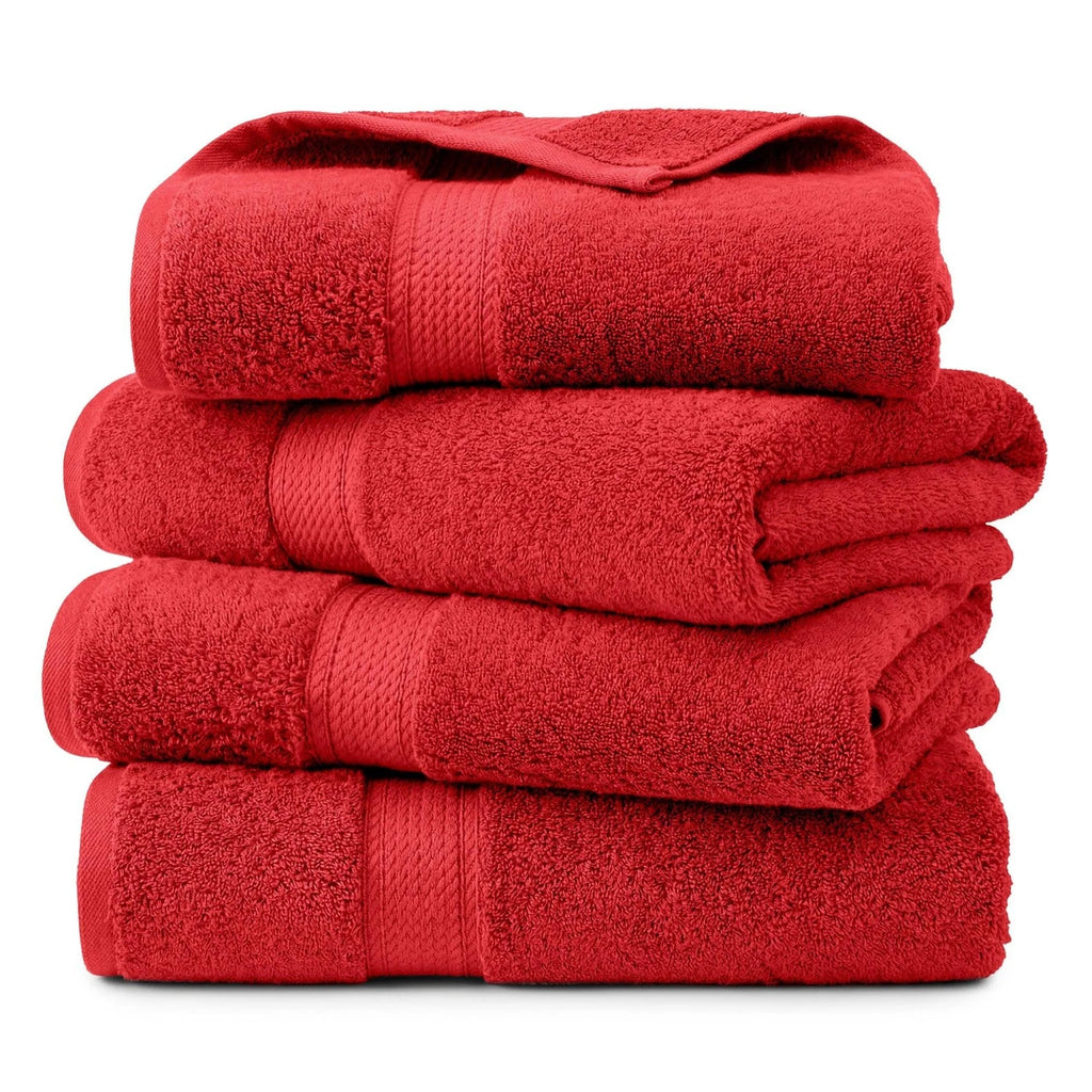 Juego de 4 Toallas de Baño de Felpa Absorbente de Algodón Egipcio Superior - Color Rojo