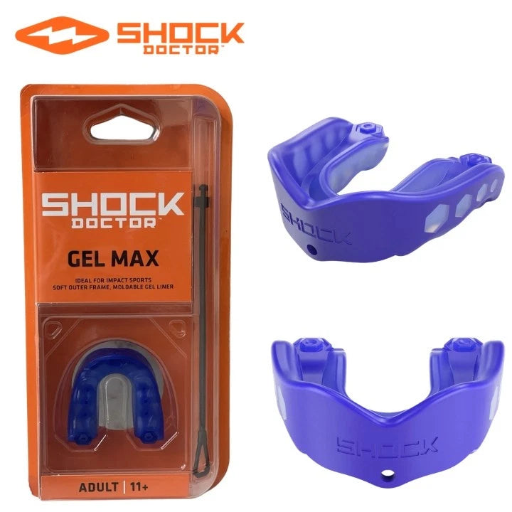 Protector bucal Shock Doctor Classic Gel Max azul con correa (adulto 11+)