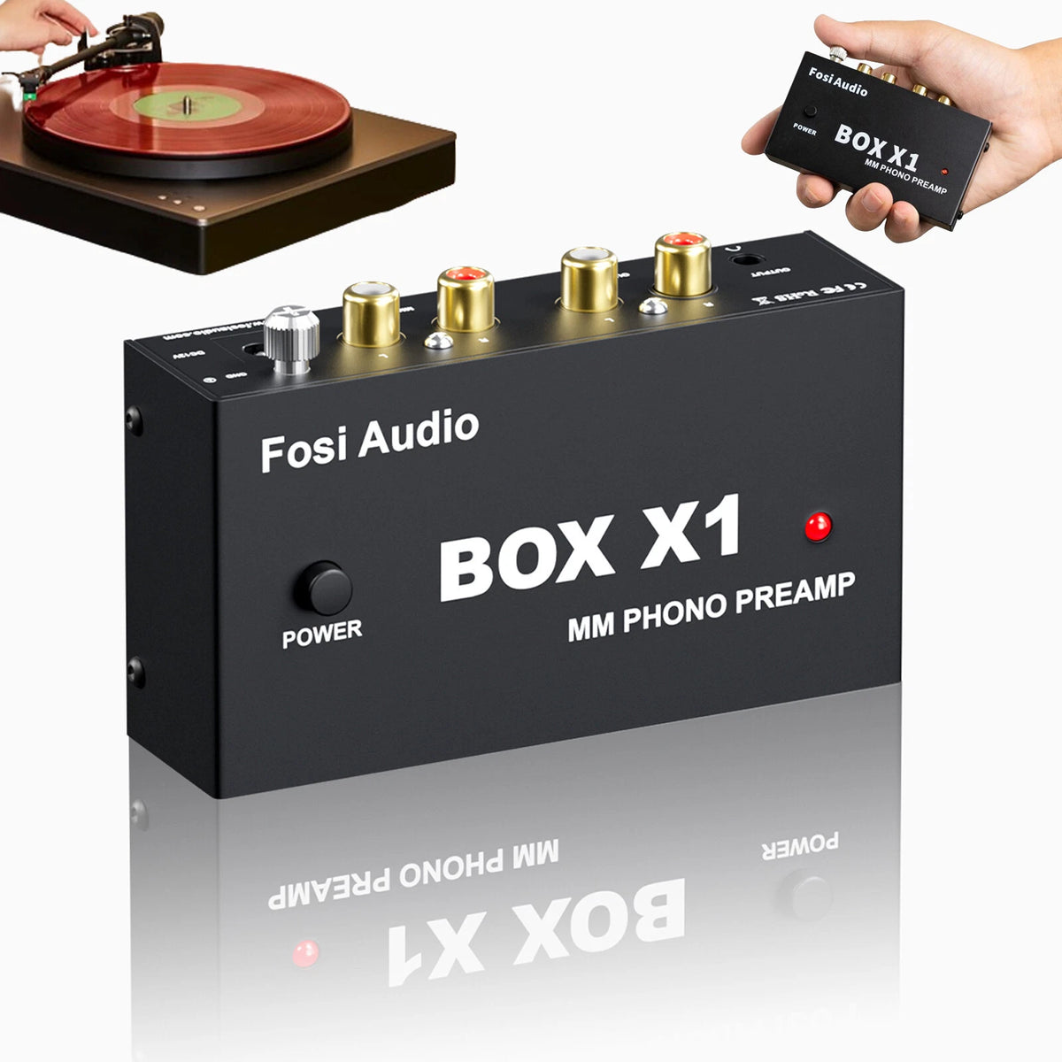 Preamplificador de fono Fosi Audio BOX X1 para tocadiscos MM , auriculares de 3,5 mm y RCA.