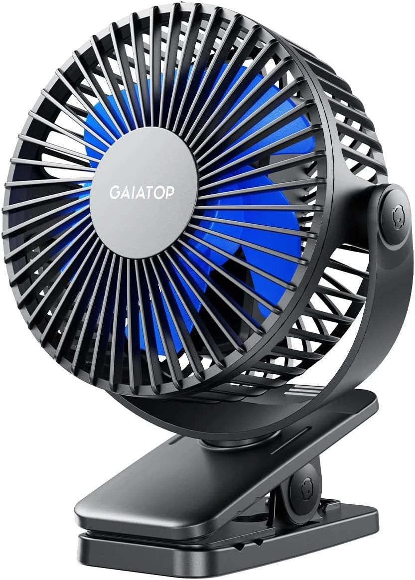 Ventilador portátil con clip Gaiatop 3 velocidades USB recargable negro azul