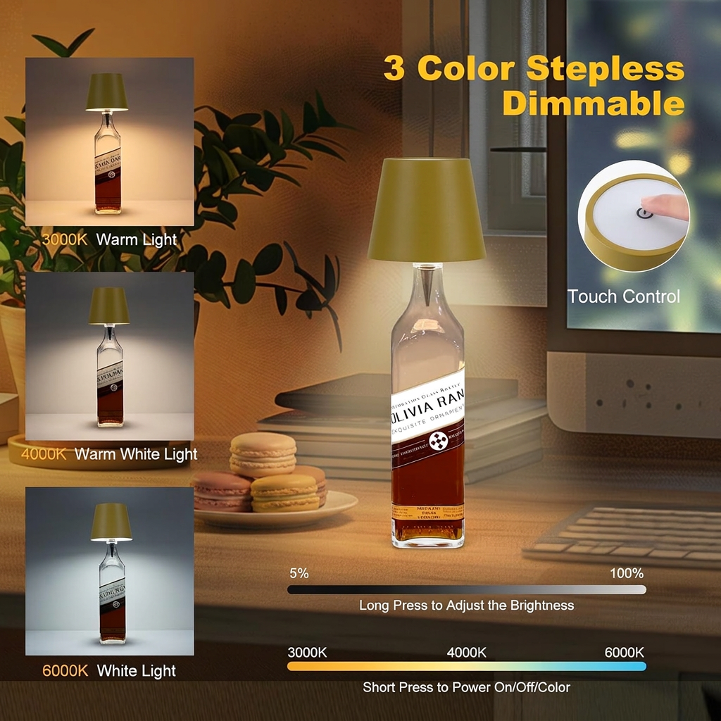 Lámpara inalámbrica para botellas, 2026, 3 colores, recargable, luces LED para botellas de vino para bares, restaurantes