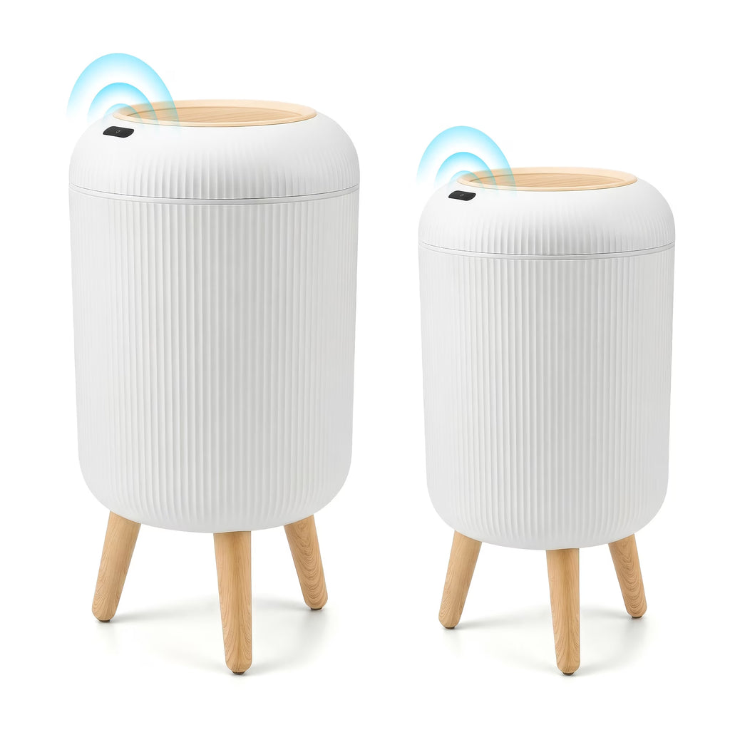 Paquete de 2 papeleras inteligentes con sensor: 2,64 gal y 3,17 galones. Contenedores de basura automáticos sin contacto con patas de madera y tapa con sensor de movimiento para cocina, baño, dormitorio y oficina. Diseño moderno y sin olor.