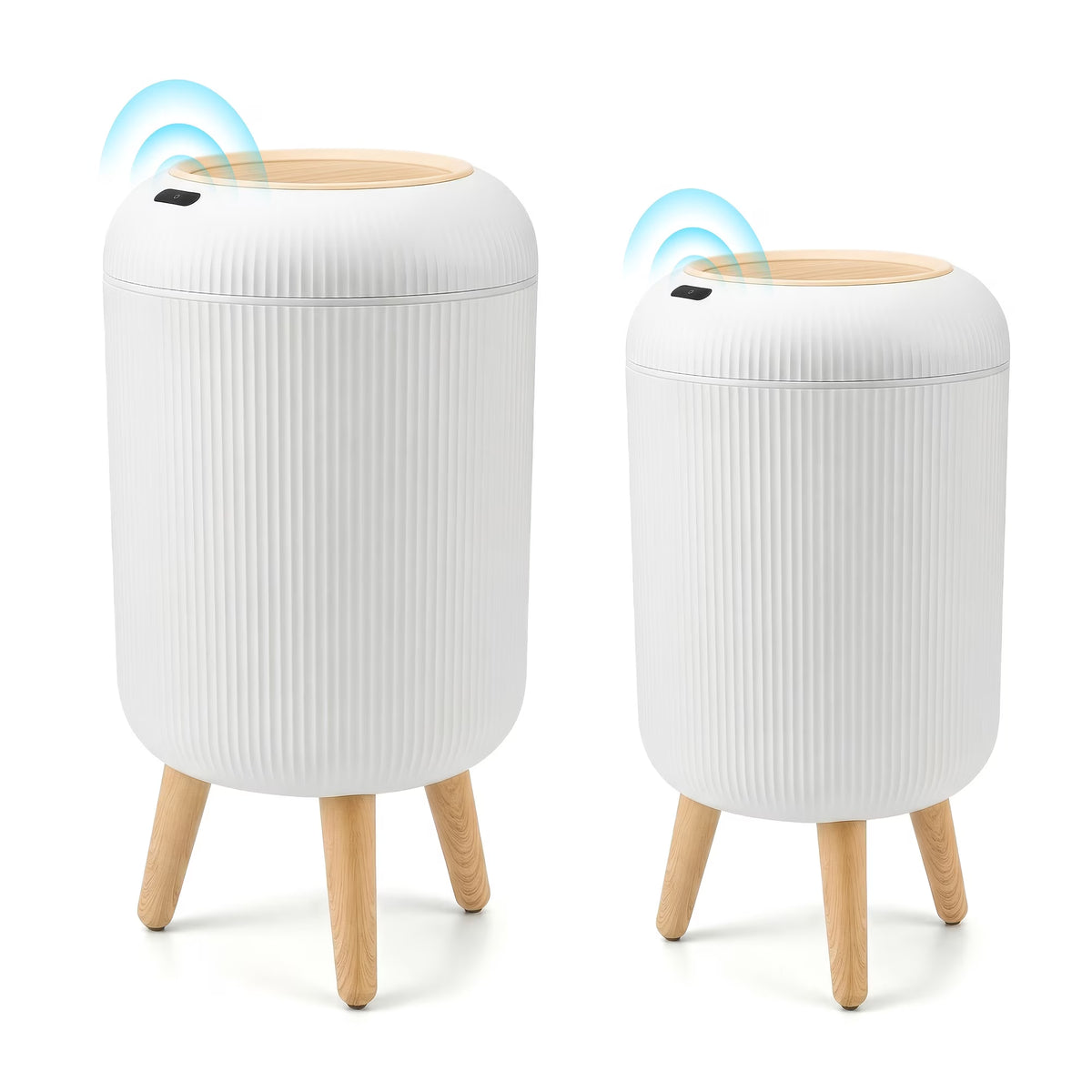 Paquete de 2 papeleras inteligentes con sensor: 2,64 gal y 3,17 galones. Contenedores de basura automáticos sin contacto con patas de madera y tapa con sensor de movimiento para cocina, baño, dormitorio y oficina. Diseño moderno y sin olor.