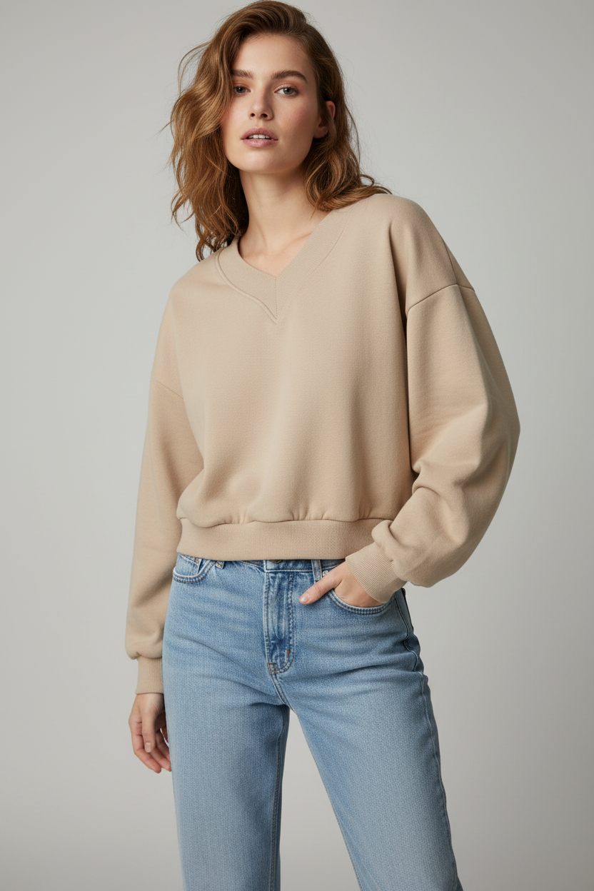 Sudadera crop beige con modelo
